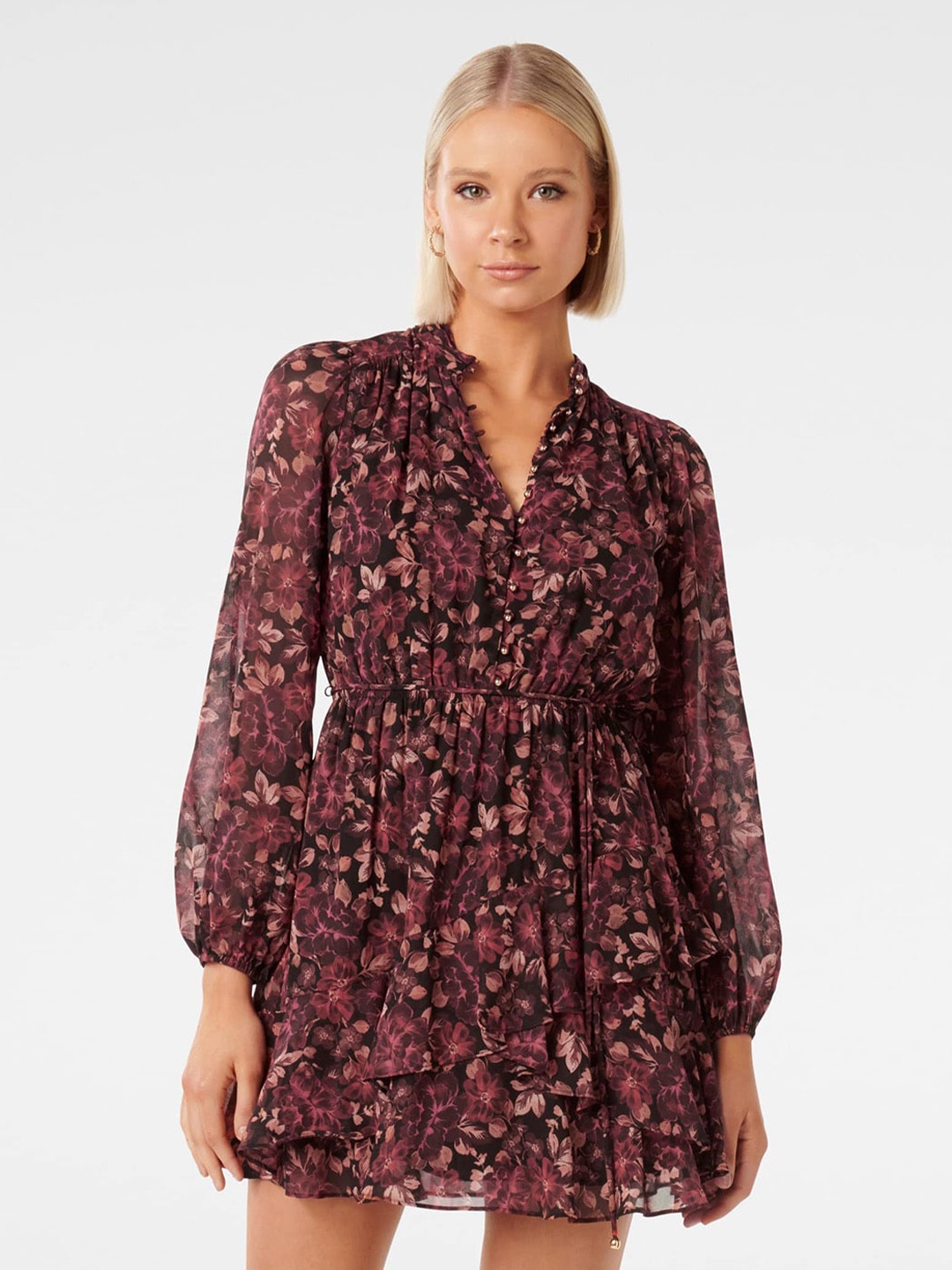 

Forever New Floral Printed Tiered Fit & Flare Mini Dress, Black