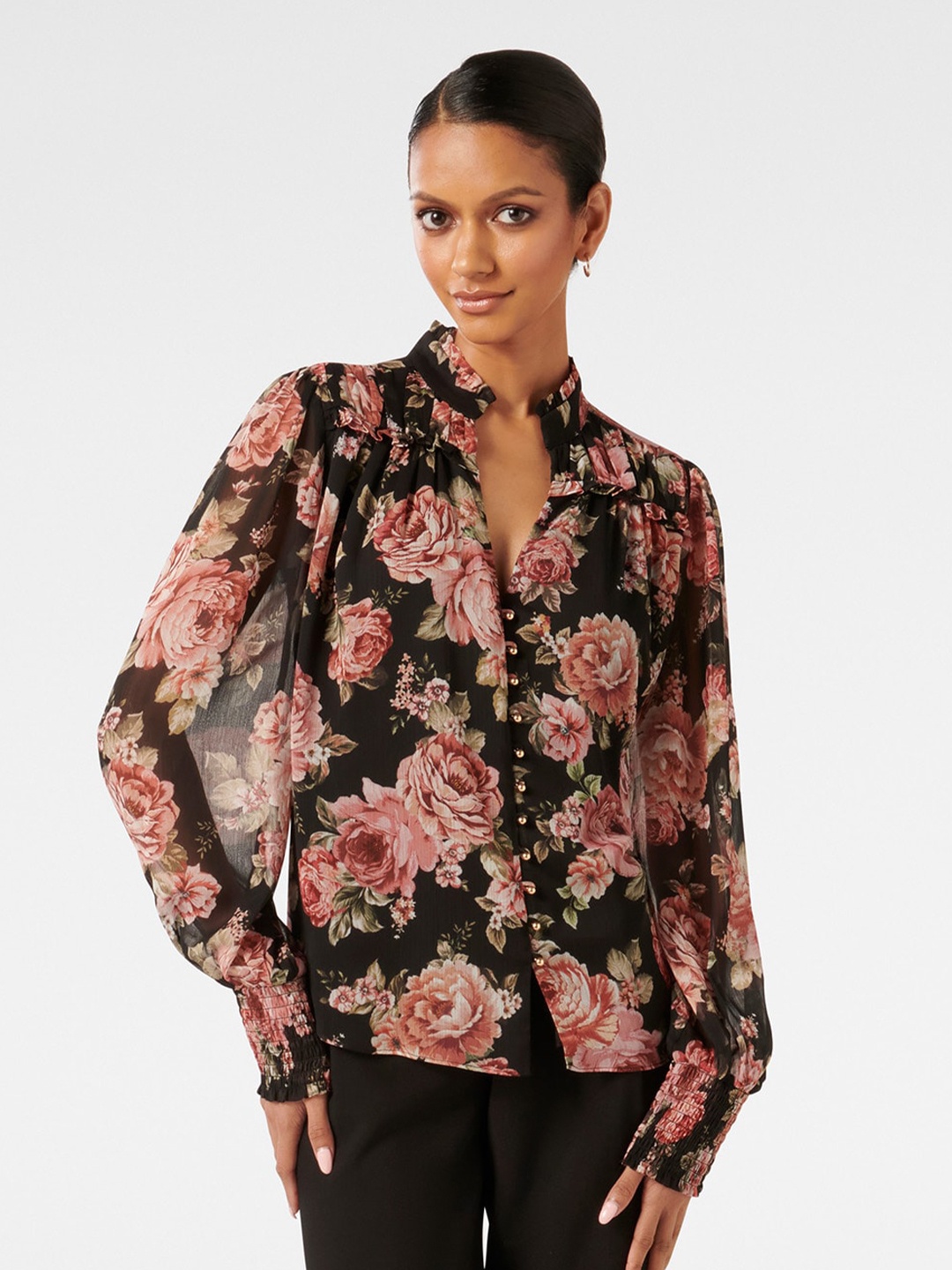 

Forever New Floral Printed Mandarin Collar Shirt Style Top, Black