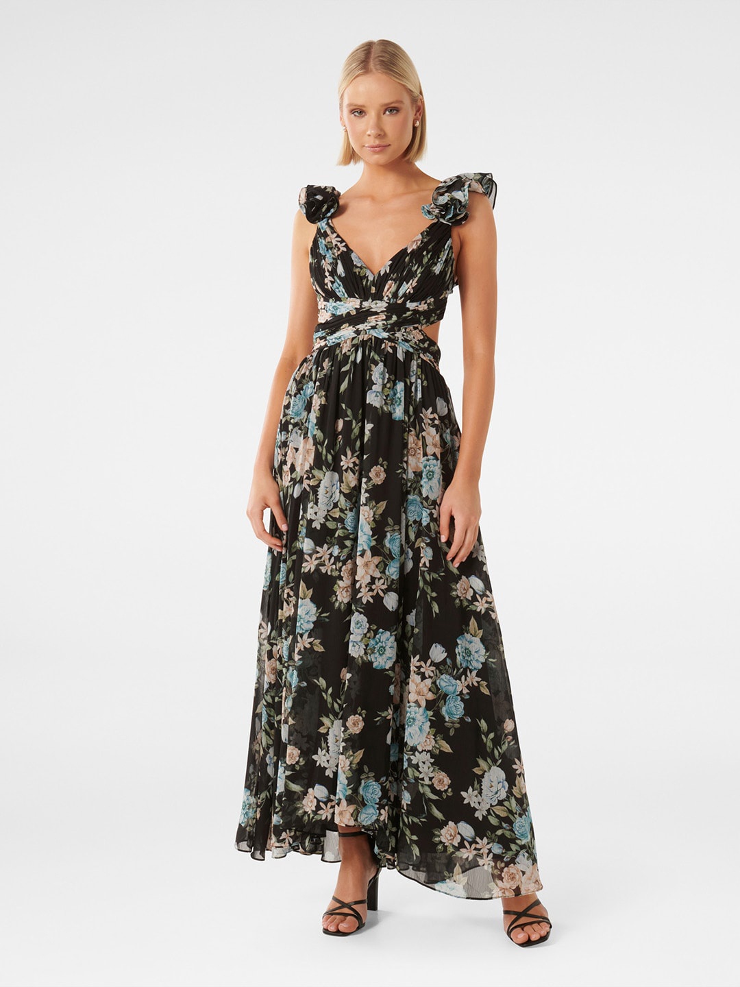 

Forever New Floral Printed Sleeveless Cut-Out Ruffle Maxi Dress, Black
