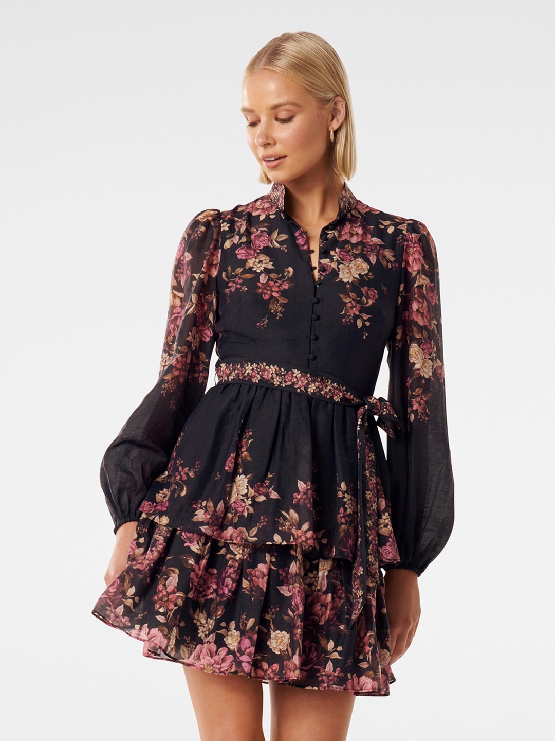 

Forever New Floral Printed Tiered Fit & Flare Mini Dress, Black