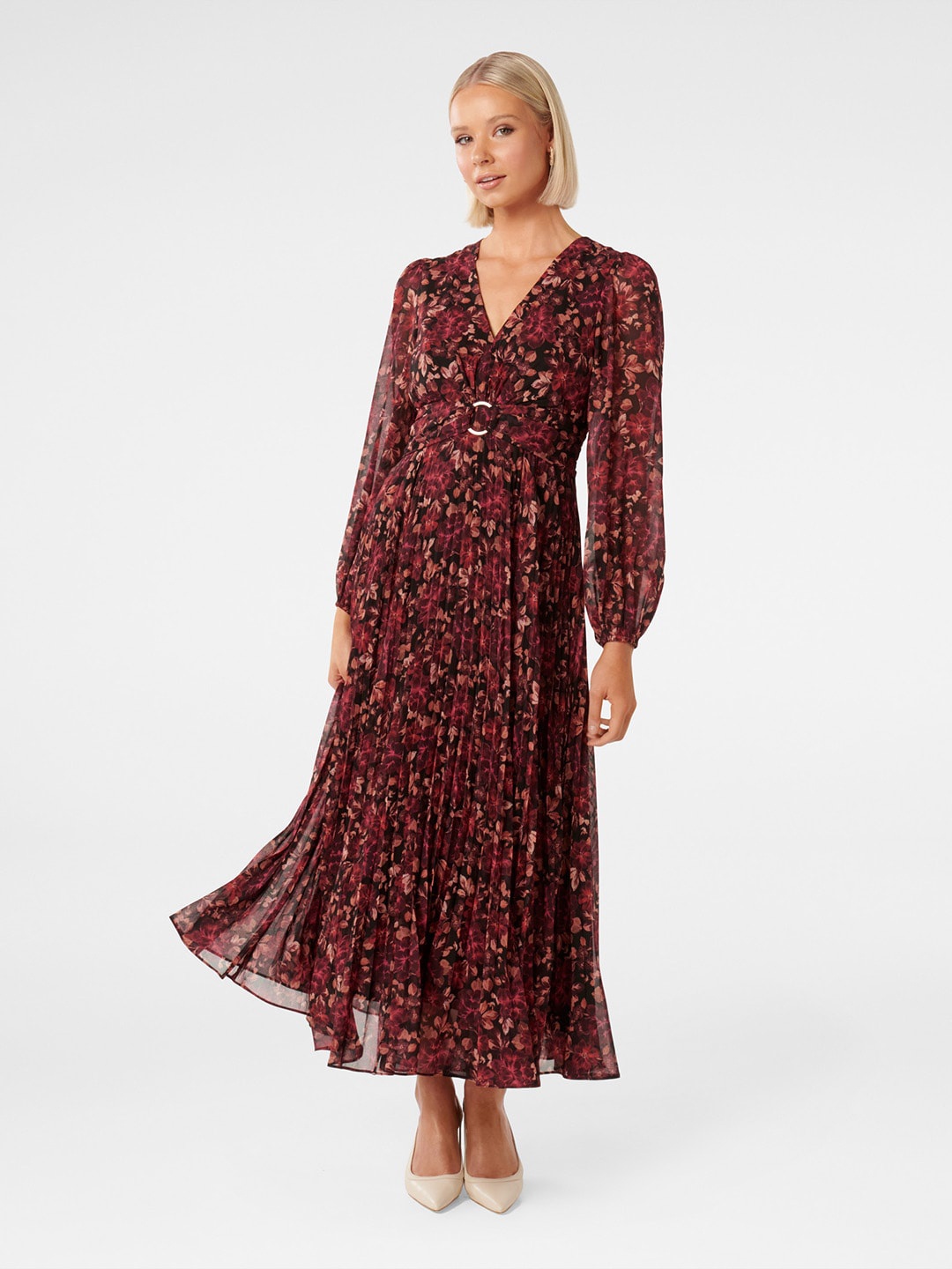 

Forever New Floral Printed Puff Sleeve Belted Midi Dress, Black