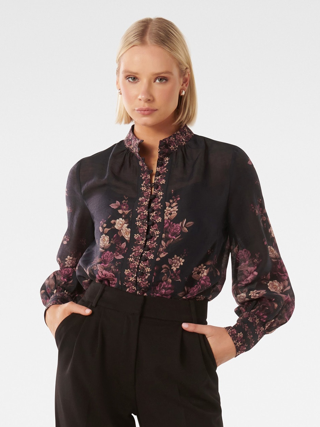 

Forever New Floral Printed Mandarin Collar Shirt Style Top, Navy blue