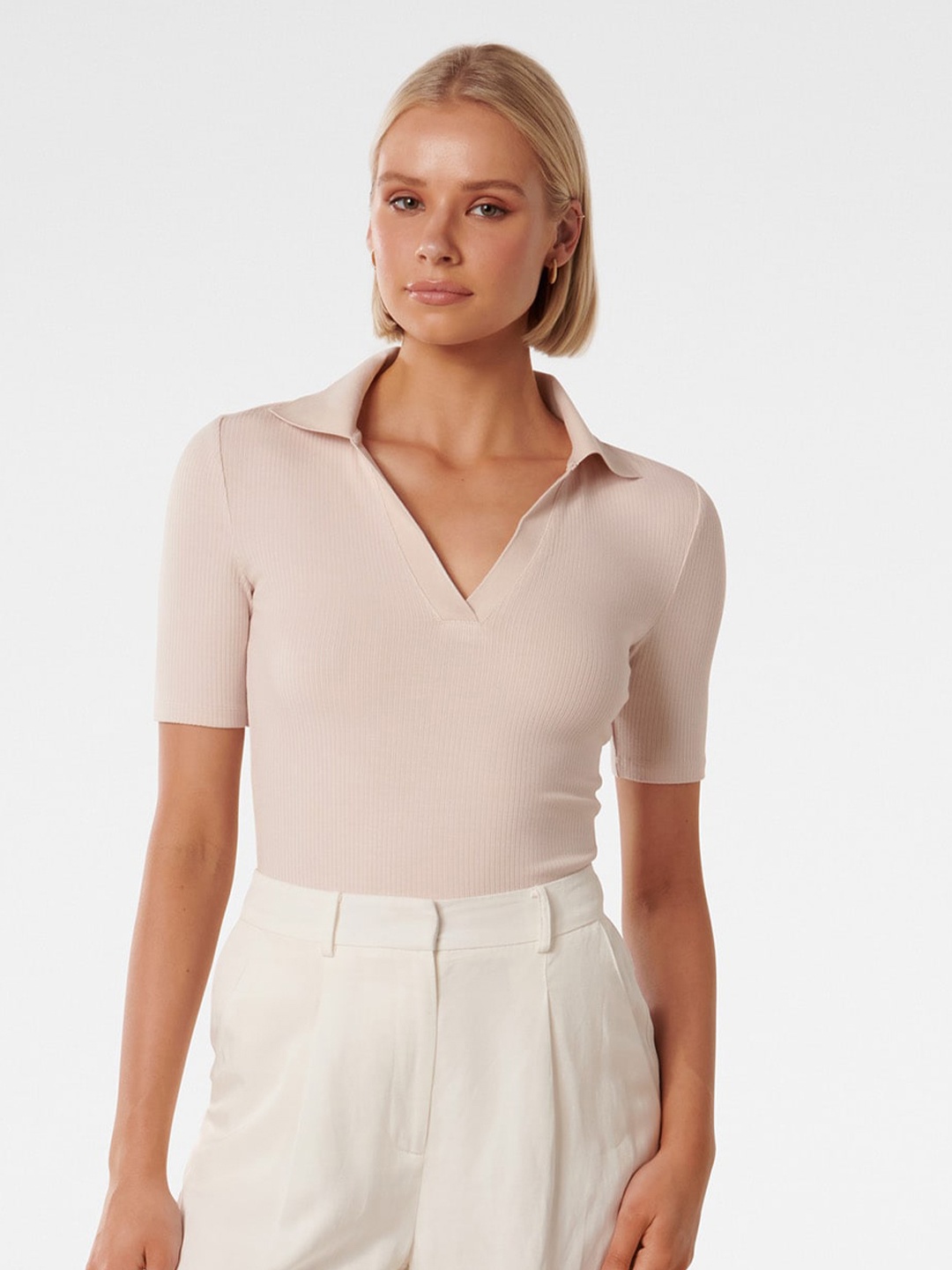 

Forever New Shirt Collar Fitted Top, Beige