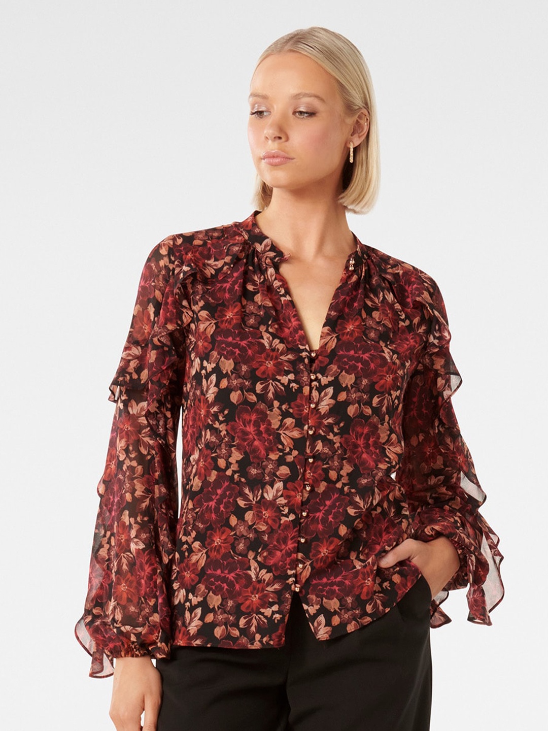 

Forever New Floral Printed Mandarin Collar Bell Sleeves Shirt Style Top, Red