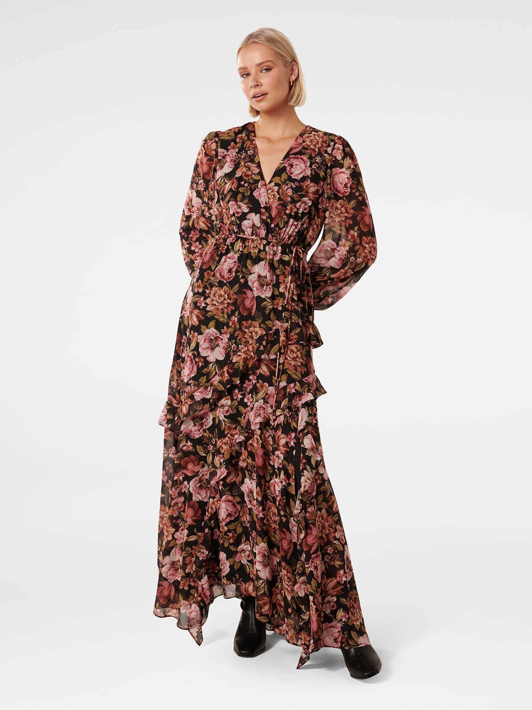 

Forever New Floral Printed V-Neck Puff Sleeves Belted Ruffle Maxi Dress, Black