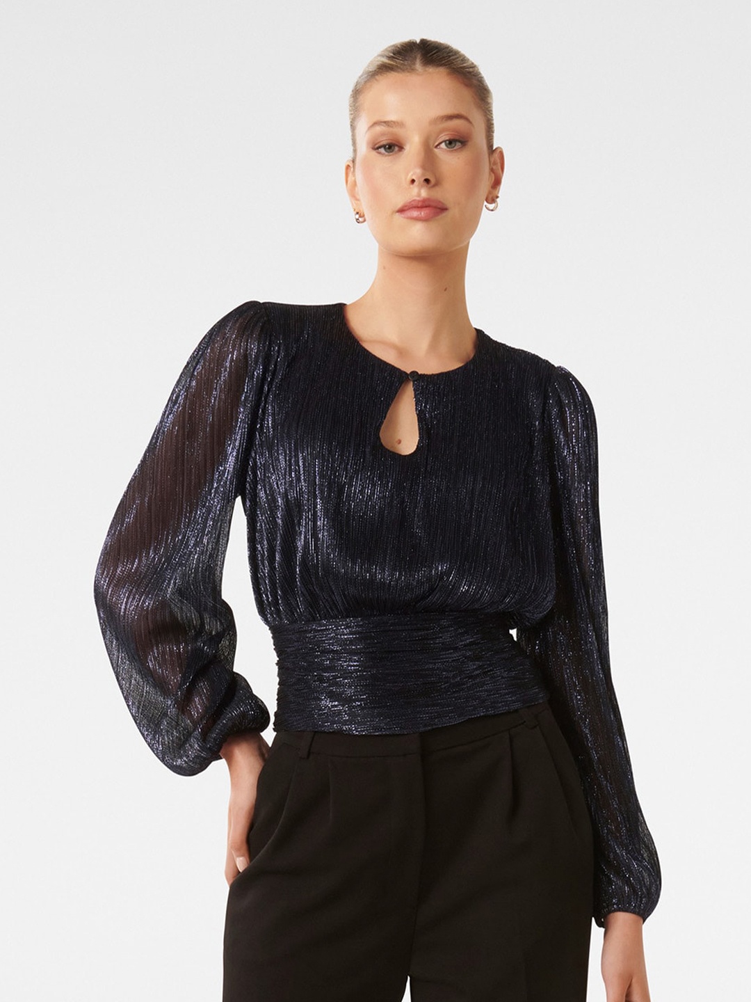 

Forever New Embellished Keyhole Neck Puff Sleeves Top, Navy blue