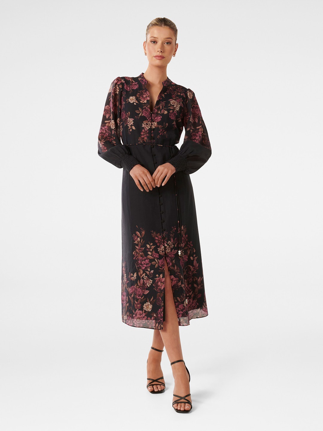 

Forever New Floral Printed Mandarin Collar Bishop Sleeves Belted A-Line Midi Dress, Black