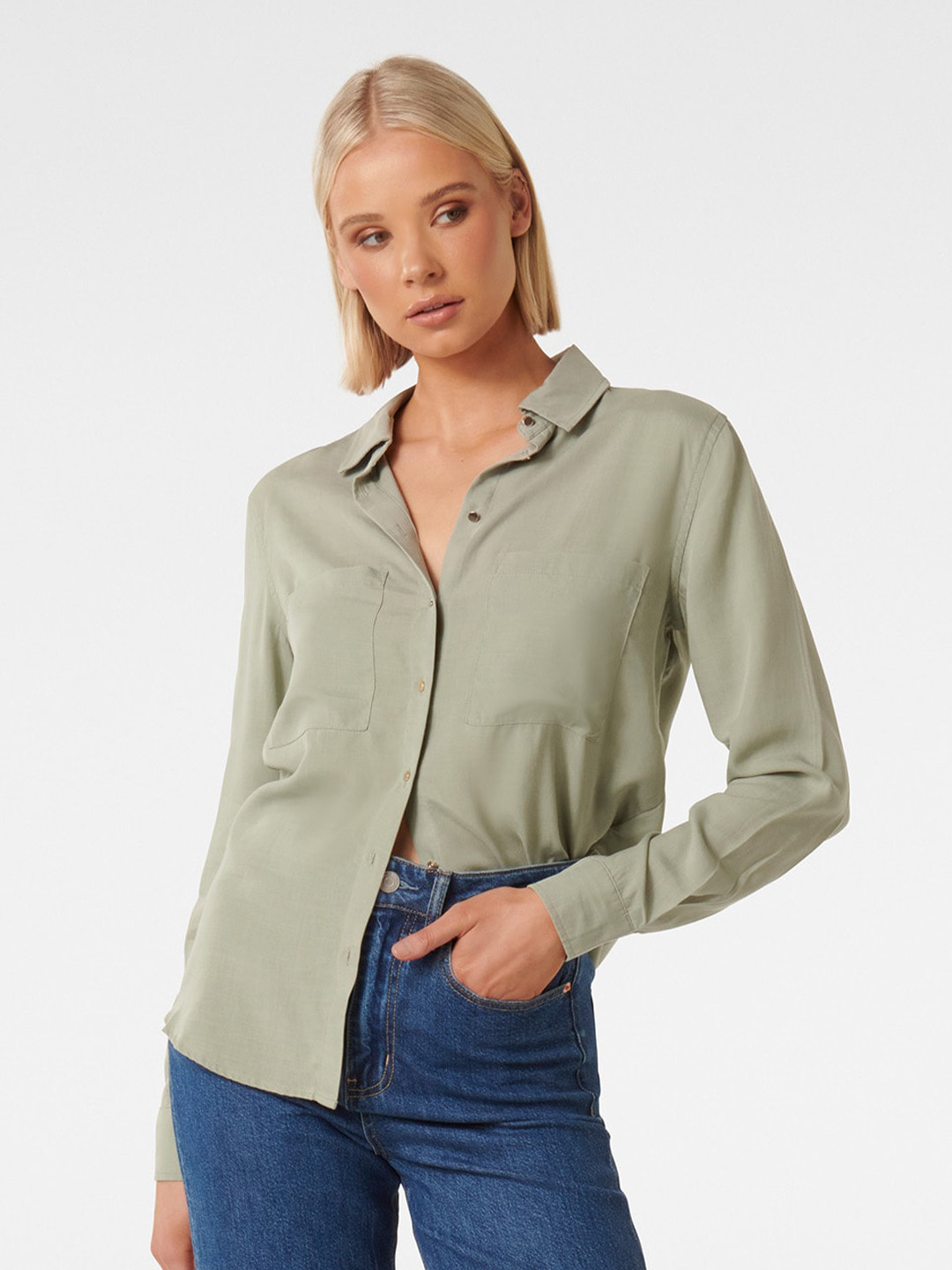 

Forever New Spread Collar Opaque Casual Shirt, Green