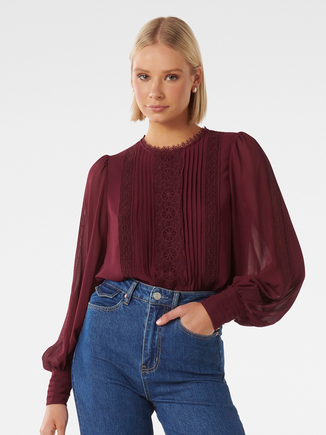 

Forever New Puff Sleeves Lace Up Top, Maroon