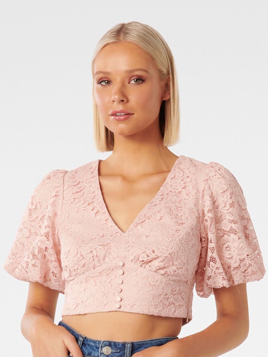 

Forever New Self Designed V-Neck Puff Sleeves Crop Top, Peach