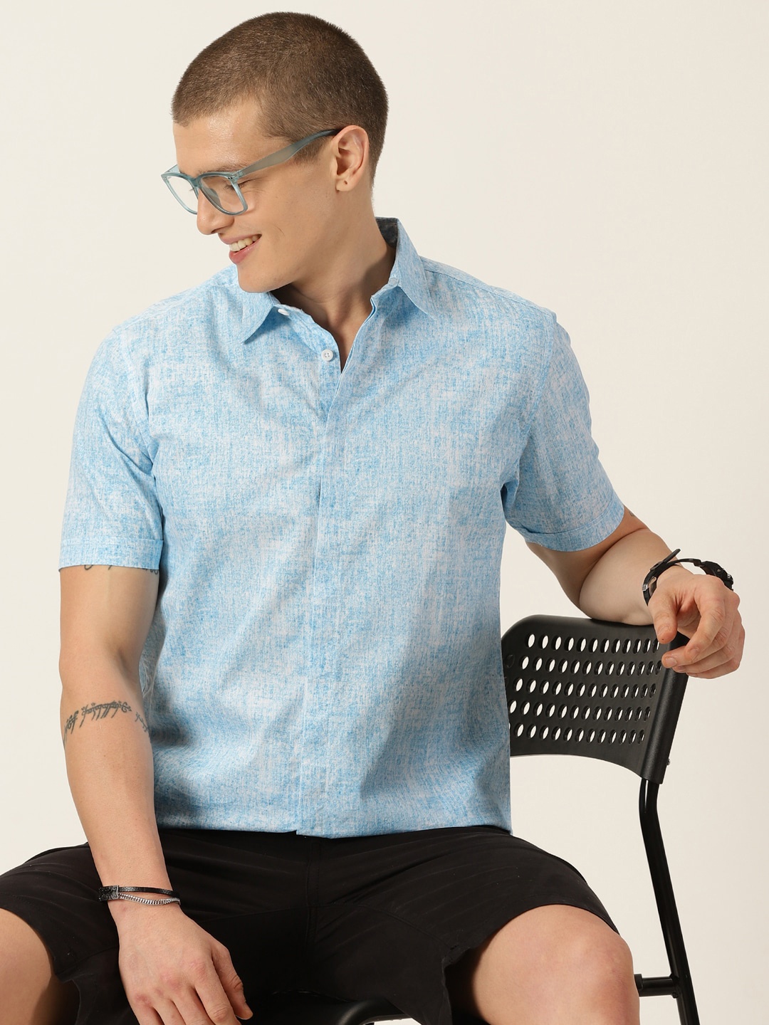 

HERE&NOW Blue Classic Slim Fit Abstract Printed Pure Cotton Casual Shirt