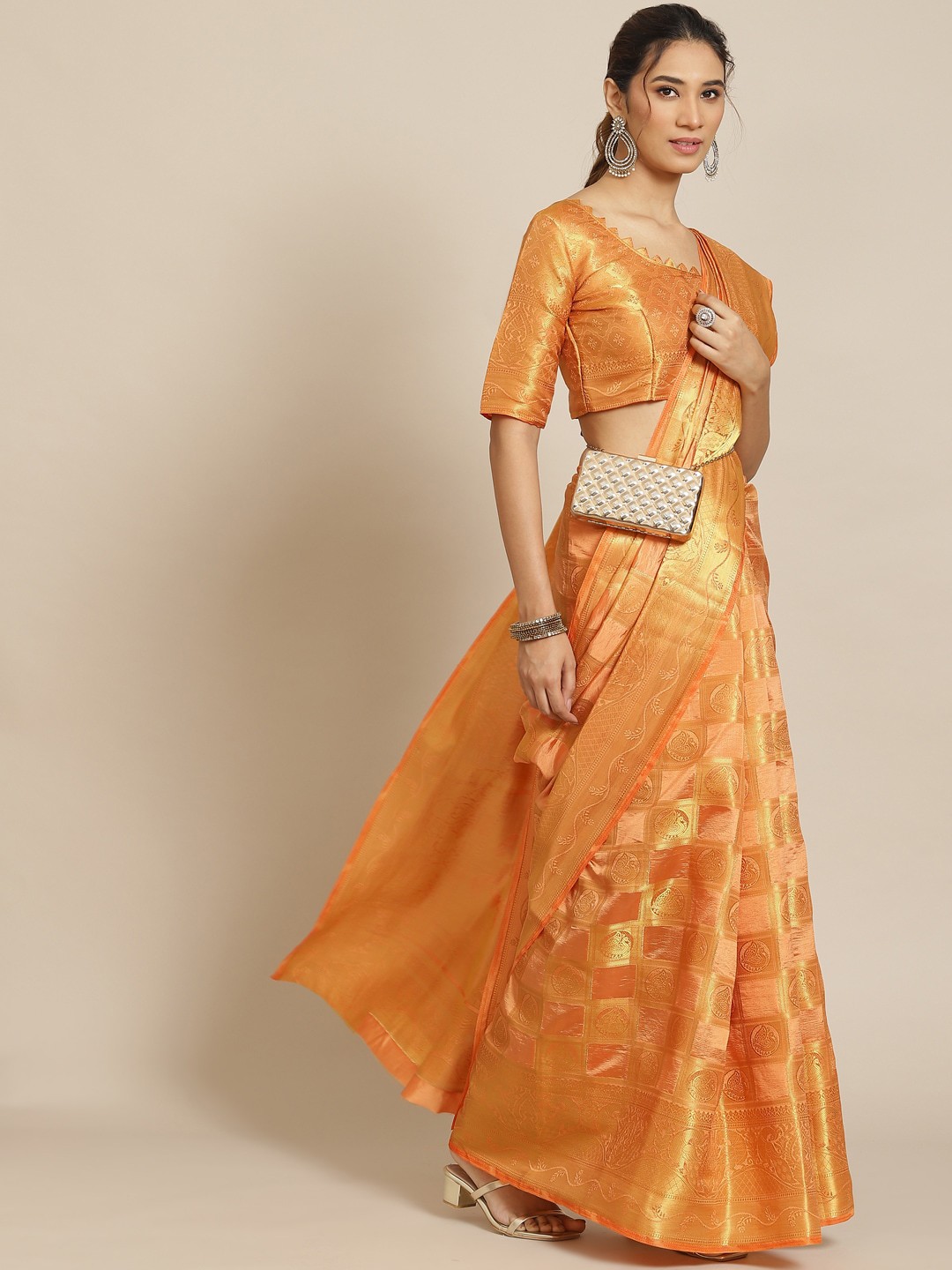 

Mitera Ethnic Motifs Woven Design Zari Silk Cotton Banarasi Saree, Orange
