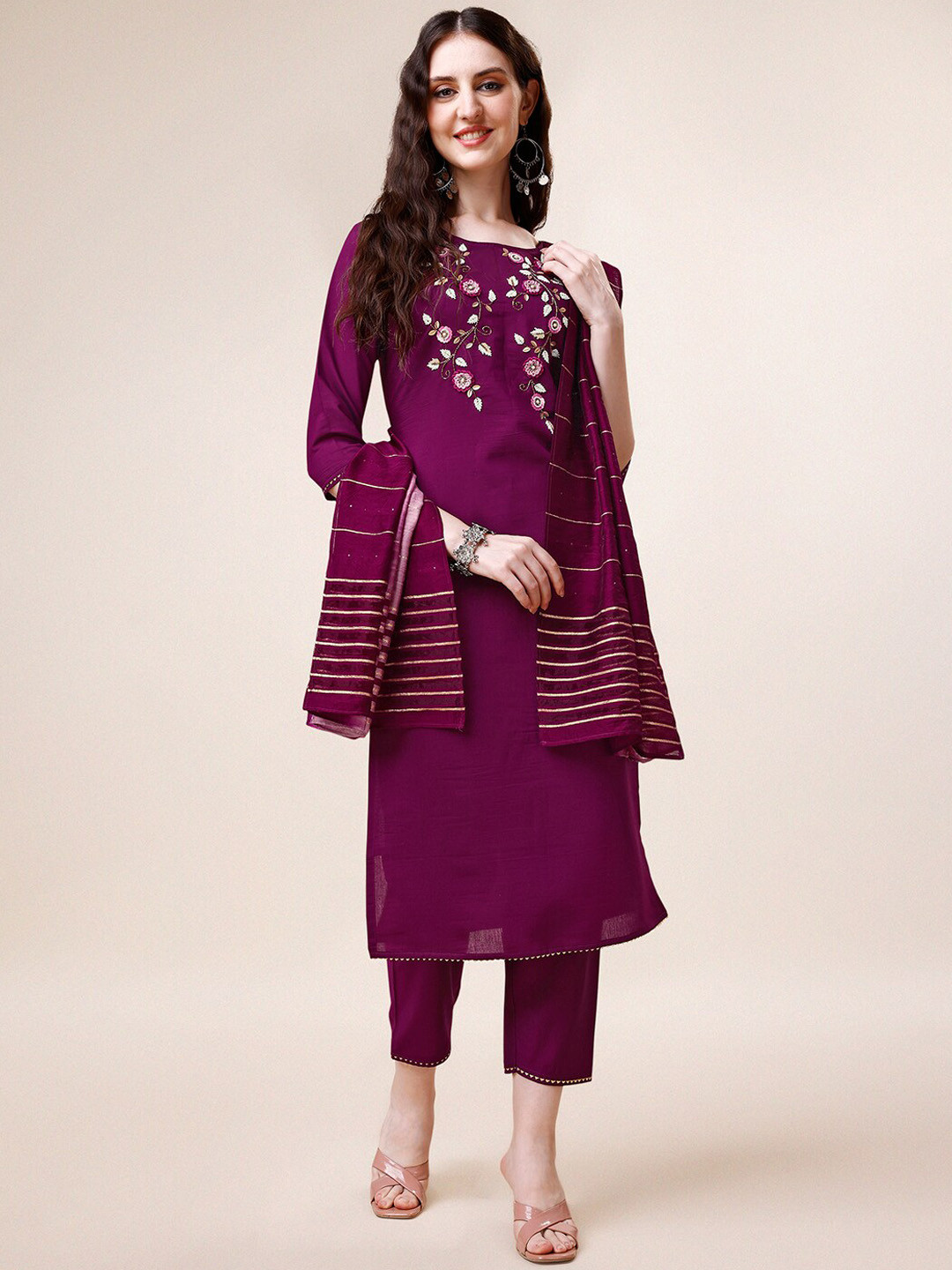 

Berrylicious Floral Embroidered Beads Chanderi Cotton Kurta with Trousers & Dupatta, Purple