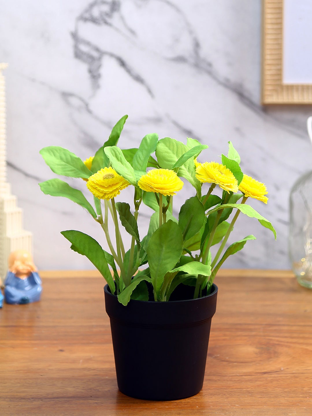 

Fourwalls Yellow & Black Artificial Daisy Flower Plant With Pot