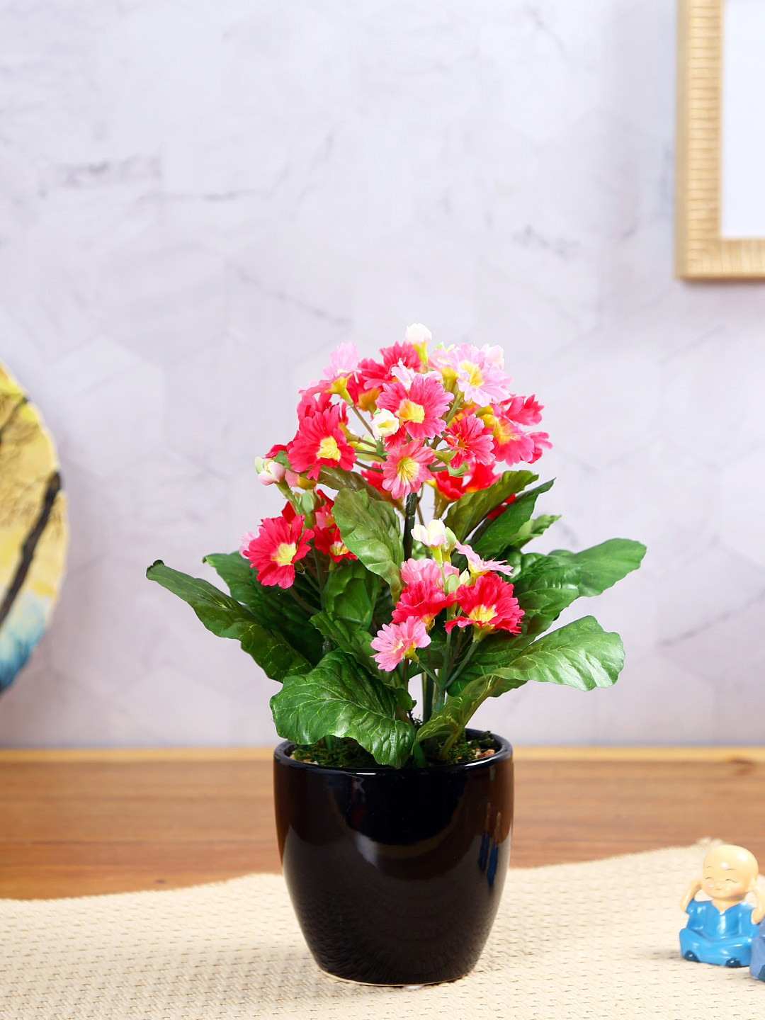 

Fourwalls Pink & Black Artificial Primula Flower Bonsai Plant With Pot