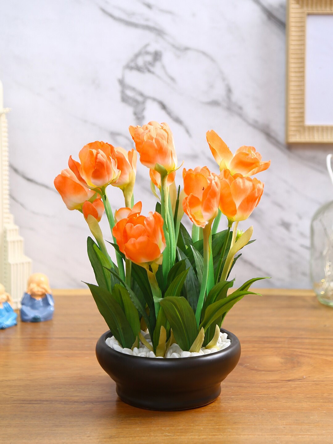 

Fourwalls Orange & Brown Artificial Tulip Flower Plant With Pot
