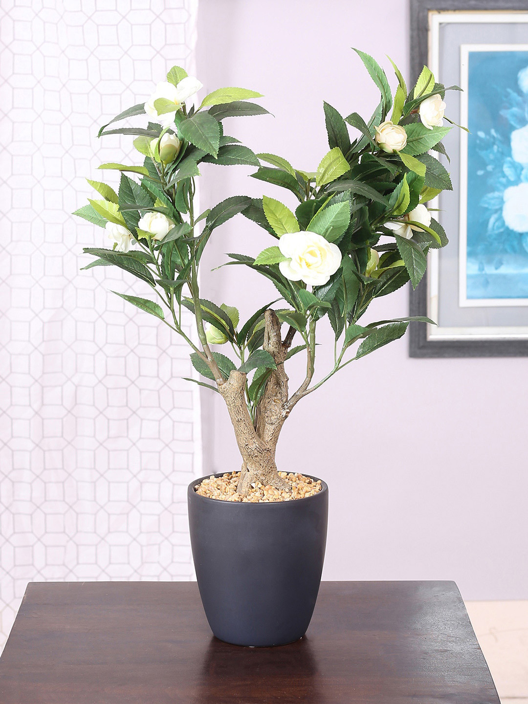 

Fourwalls White & Green Artificial Camelia Flower Bonsai Plant With Pot