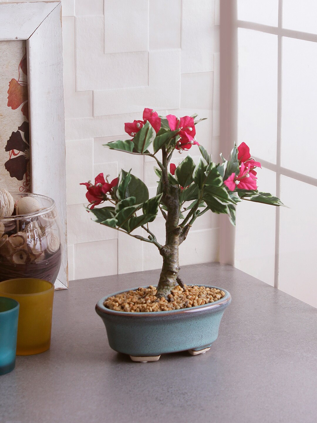 

Fourwalls Pink & Green Artificial Bougainvillea Flower Plant With Pot