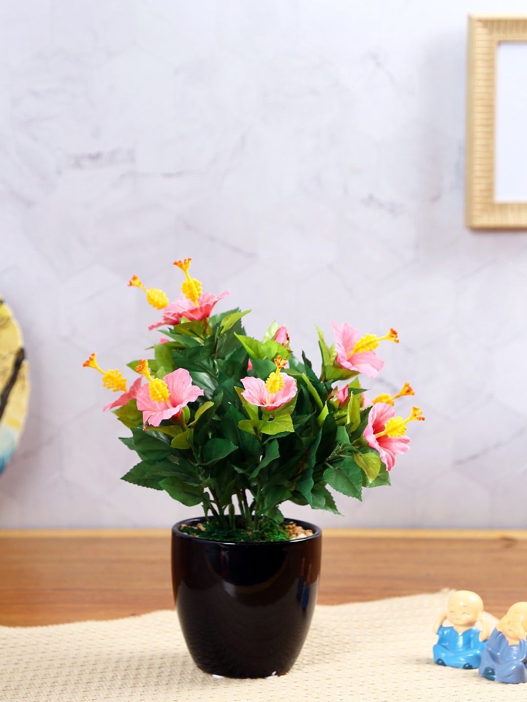 

Fourwalls Pink & Black Artificial Hibiscus Plant With Pot