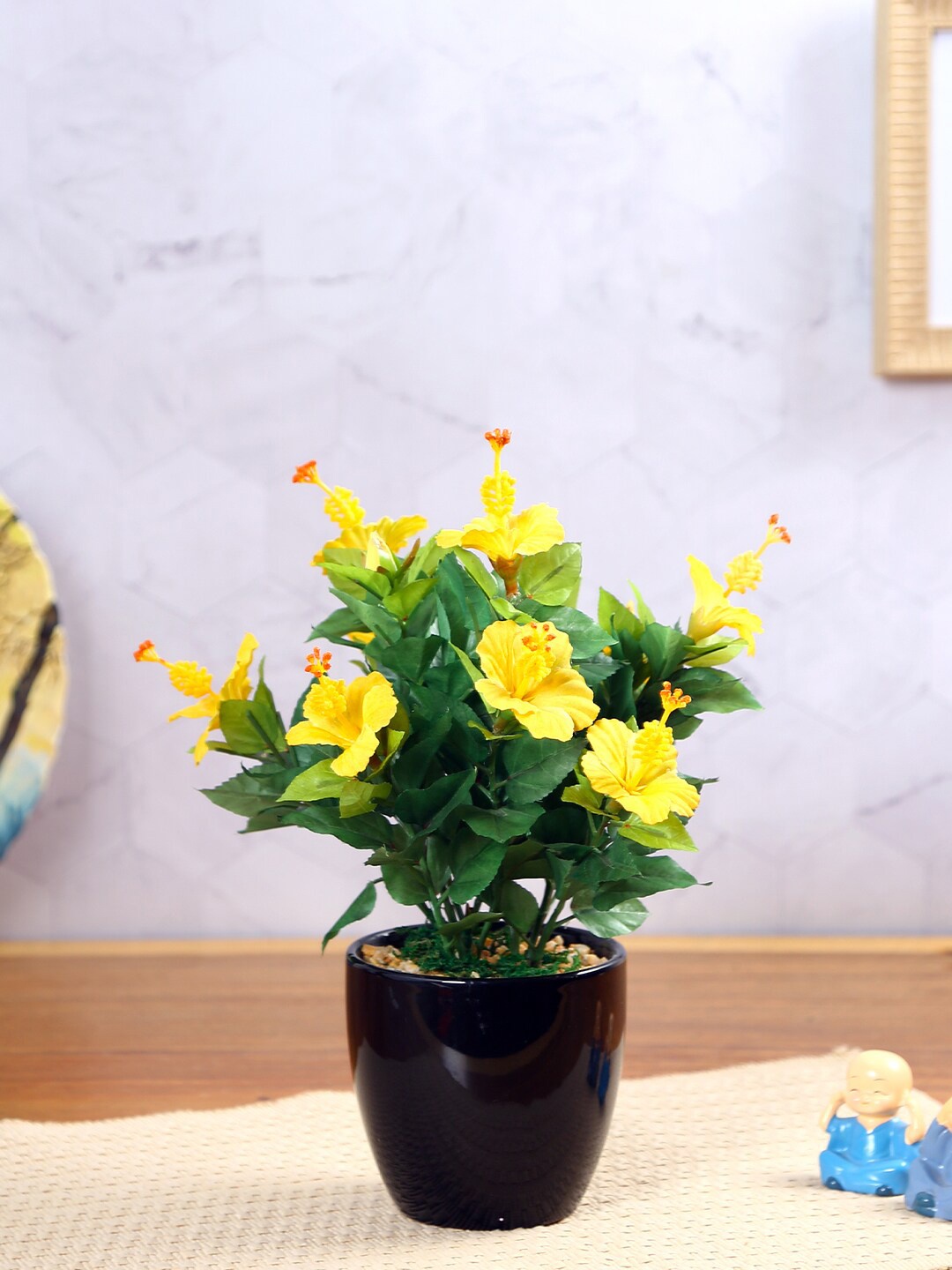 

Fourwalls Yellow & Green Artificial Hibiscus Flower Plant With Pot