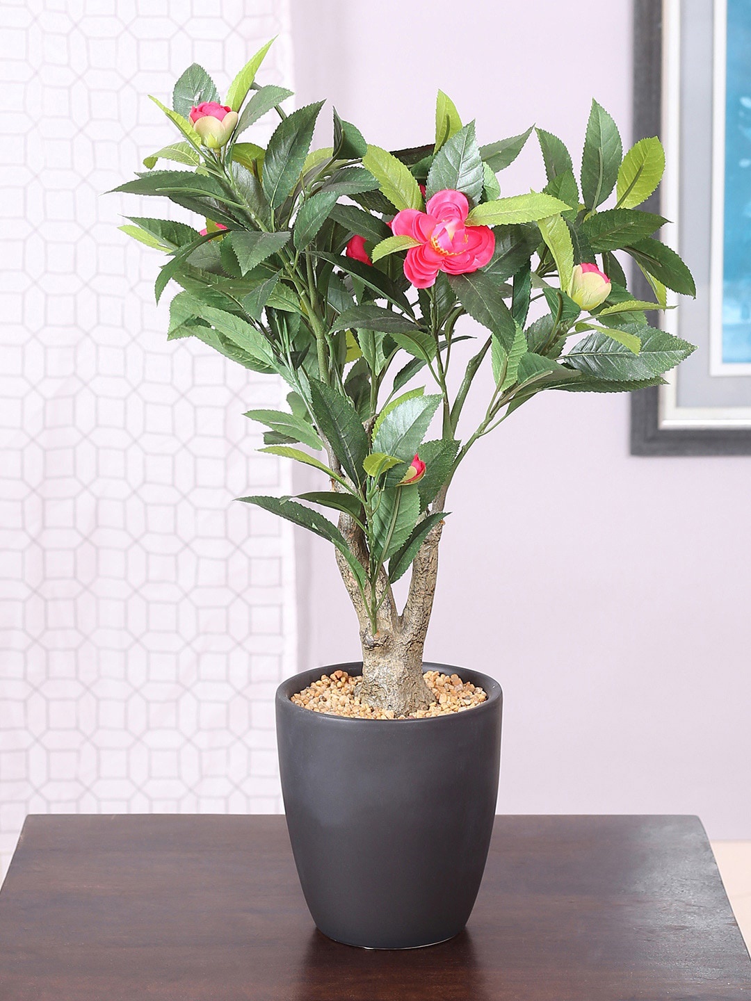 

Fourwalls Pink & Green Artificial Camelia Flower Plant With Pot