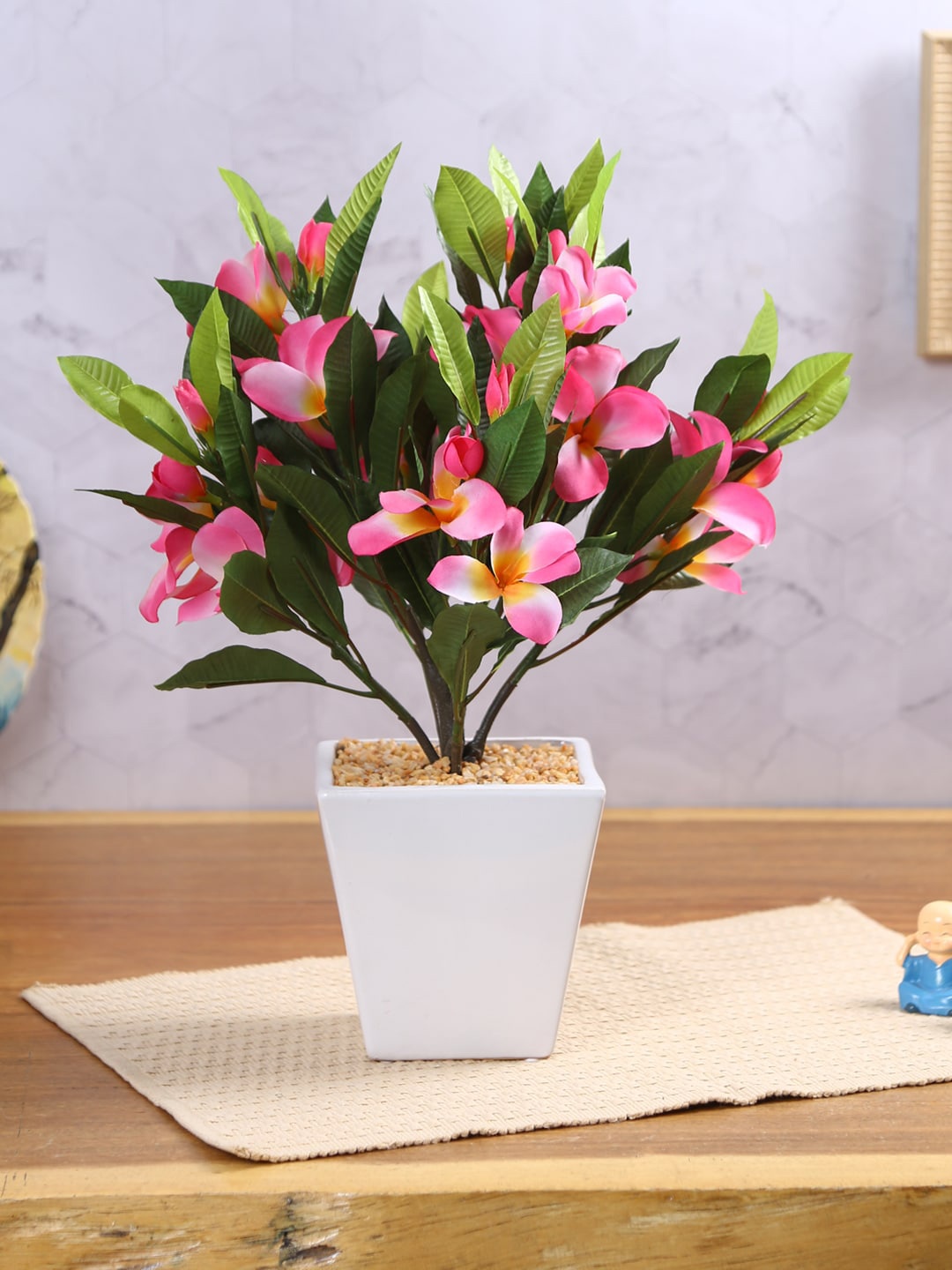 

Fourwalls Pink & White Artificial Frangipani Flower Plant With Pot