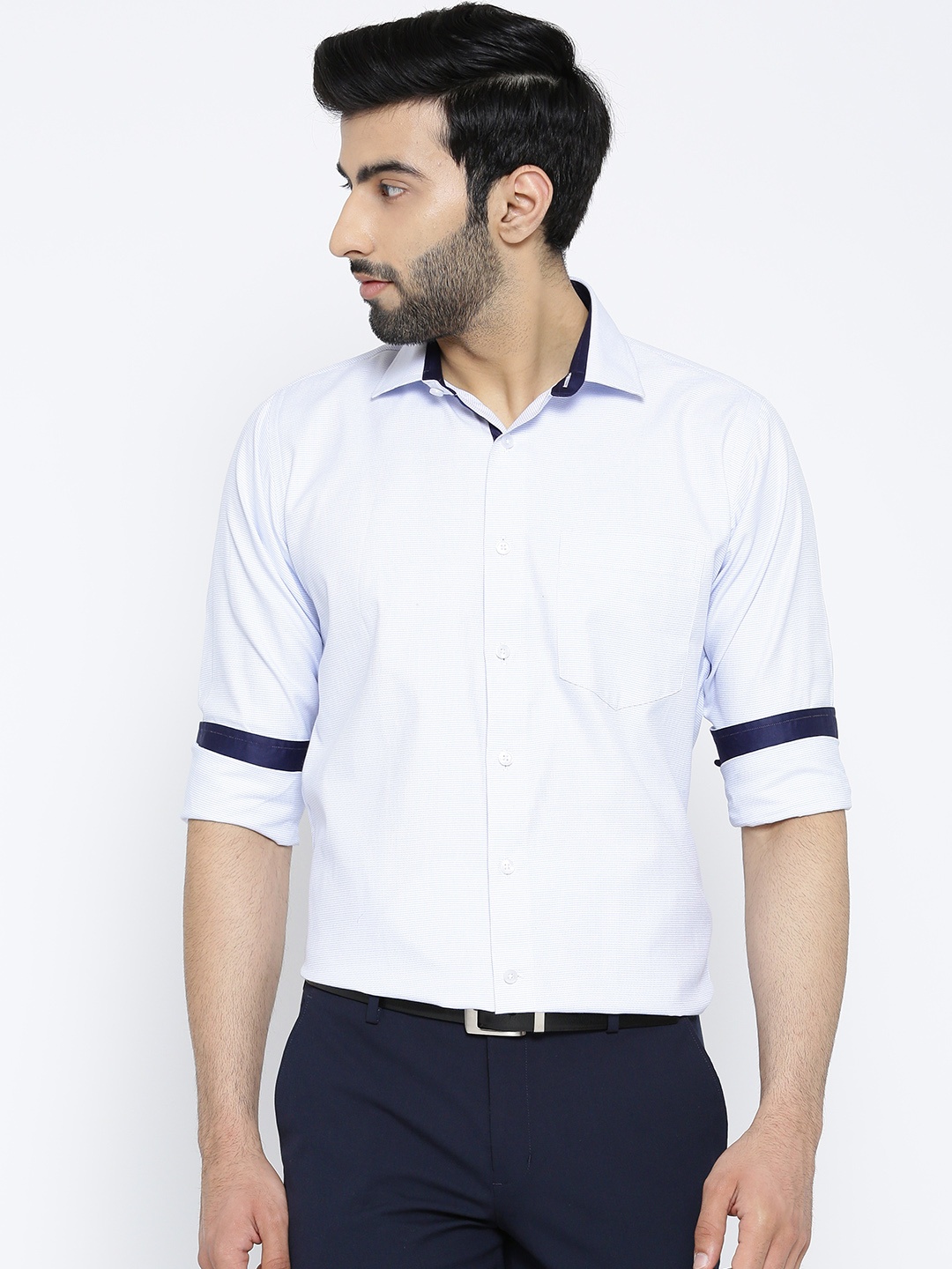 

Shaftesbury London Men Blue Smart Slim Fit Self Design Semiformal Shirt