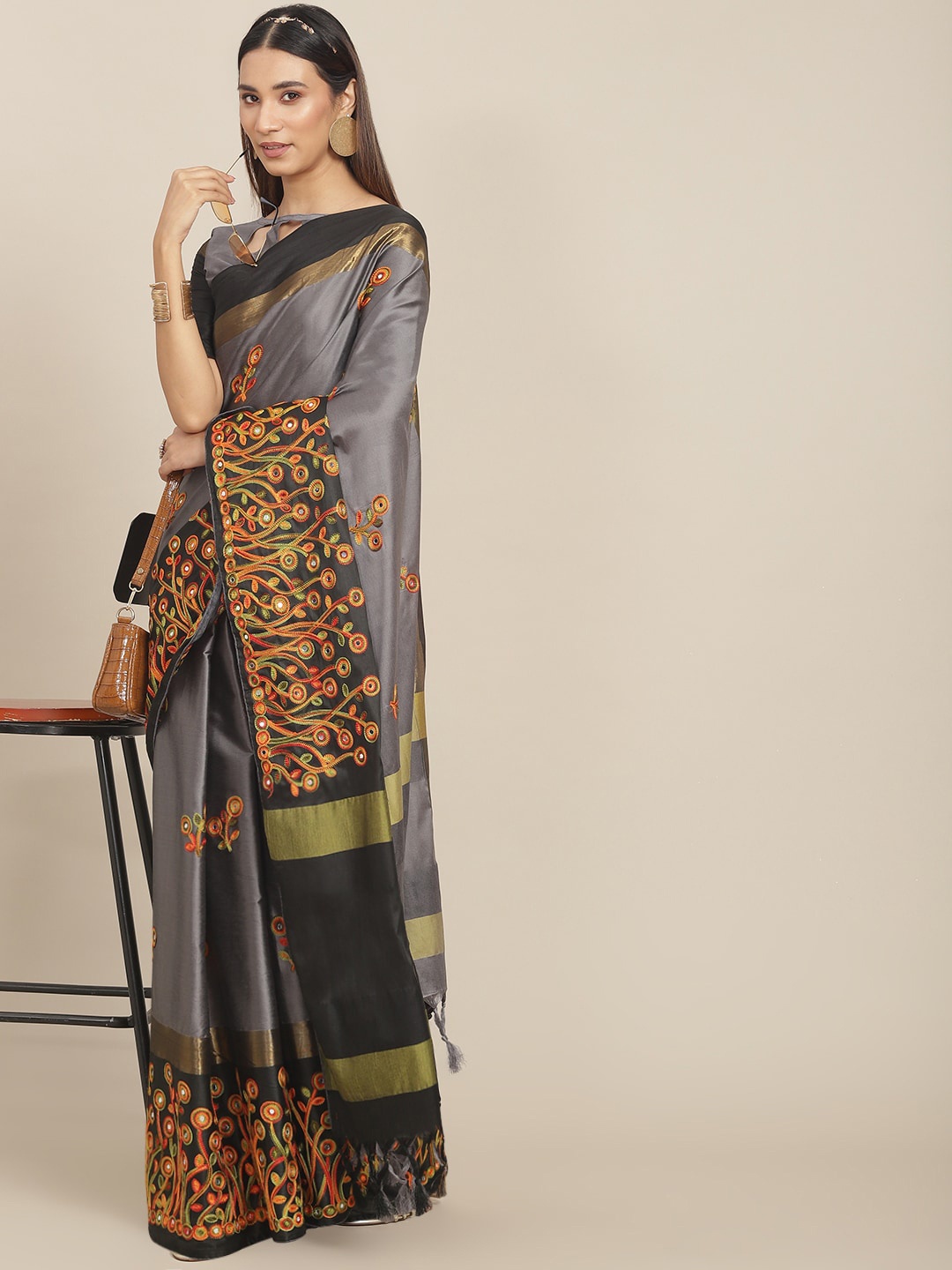 

Mitera Floral Embroidered Saree, Grey