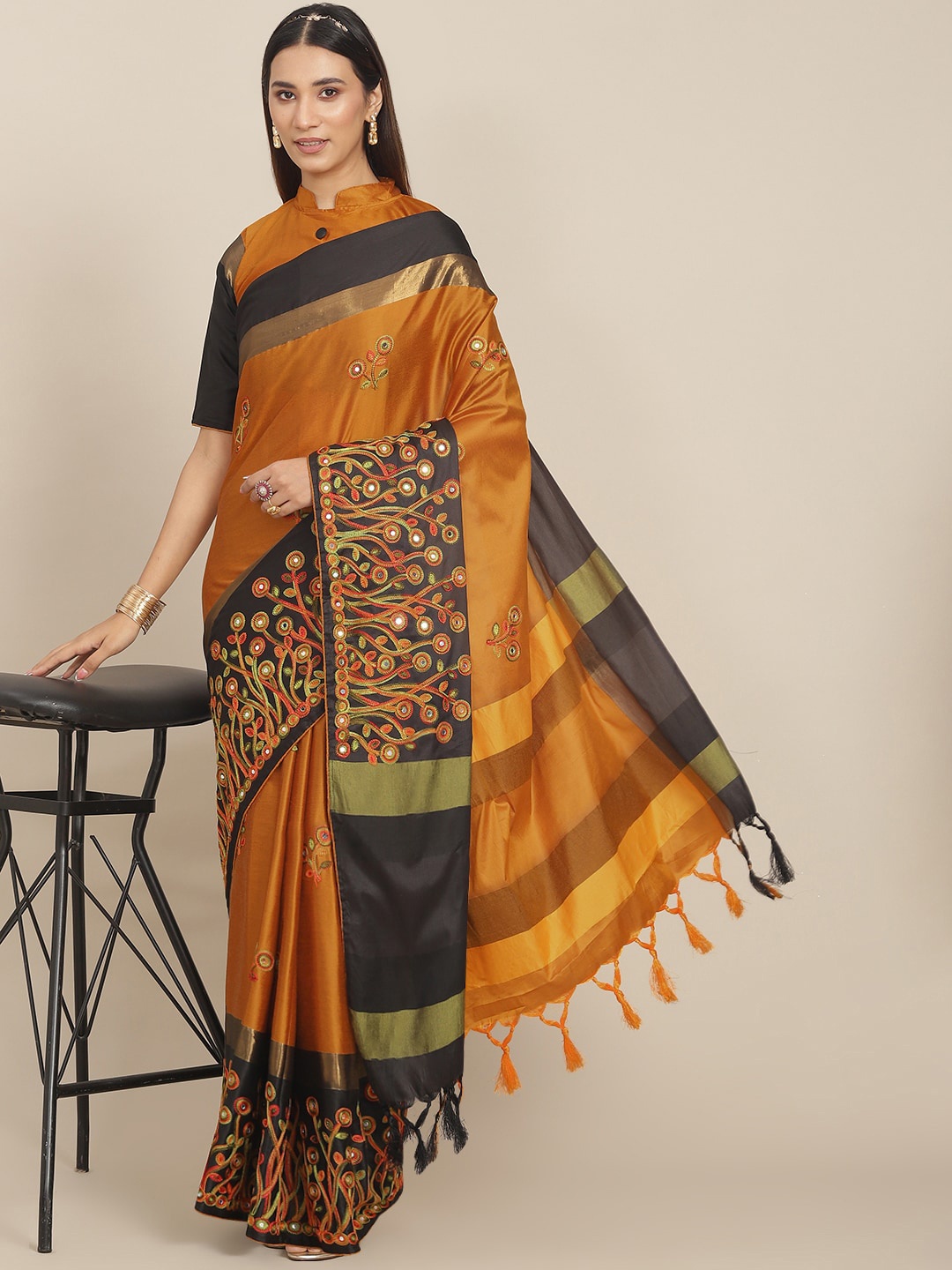 

Mitera Floral Embroidered Saree, Yellow