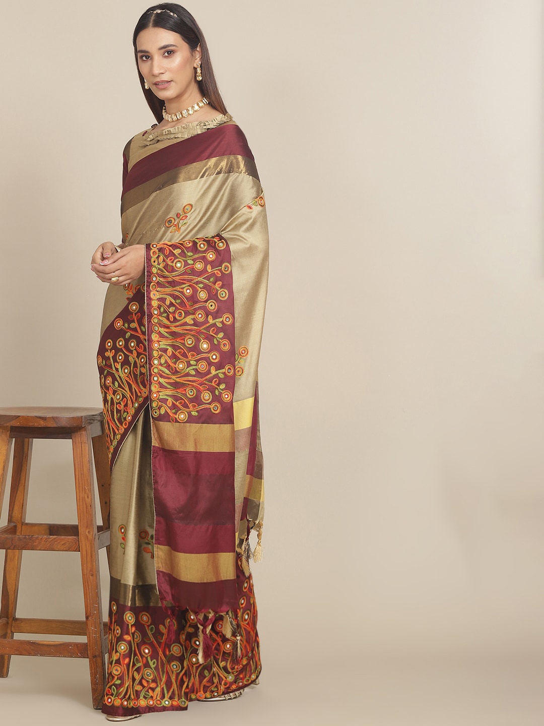 

Mitera Floral Embroidered Silk Cotton Saree, Beige