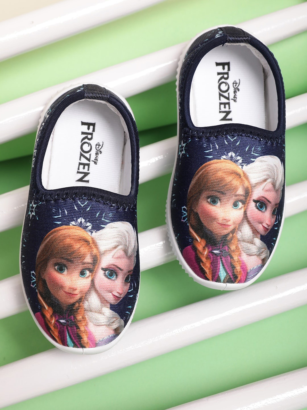 

Kids Ville Girls Frozen Printed Textile Contrast Sole Slip-On Sneakers, Navy blue