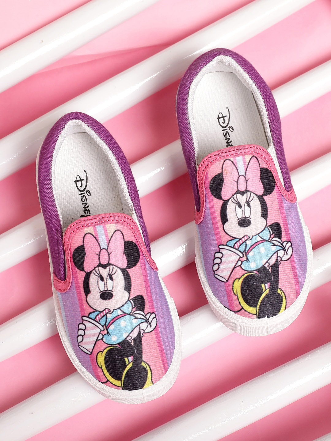 

Kids Ville Girls Minnie Printed Textile Contrast Sole Slip On Sneakers, Purple