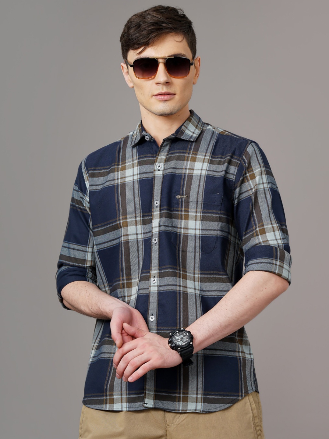 

PAUL STREET Standard Slim Fit Tartan Checks Casual Shirt, Navy blue