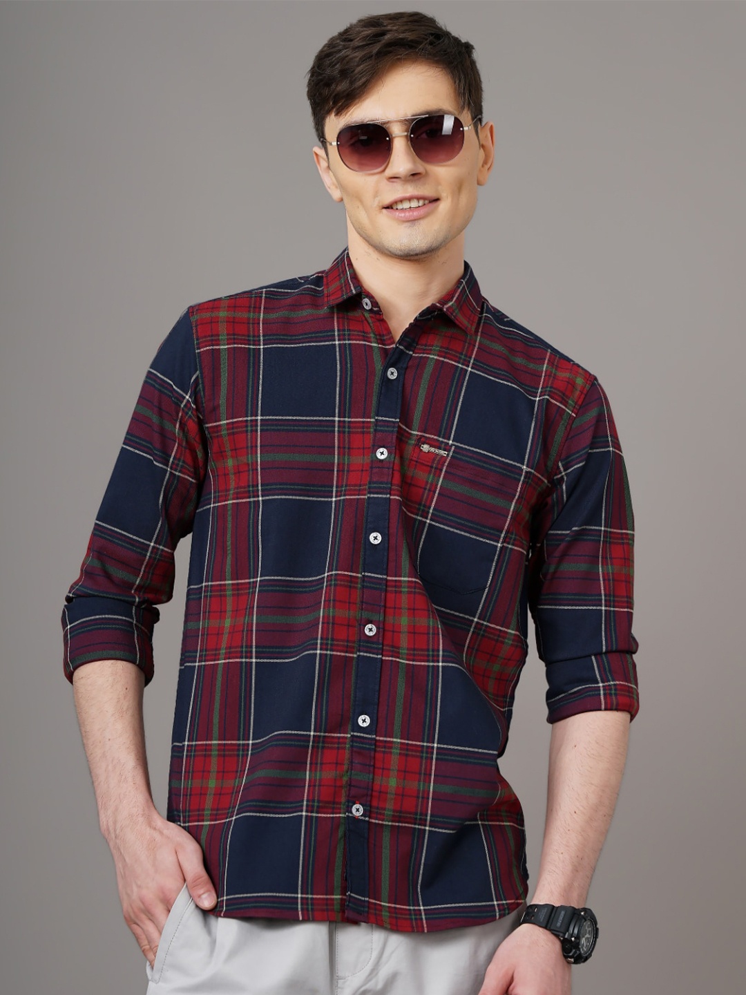 

PAUL STREET Standard Slim Fit Tartan Checks Casual Shirt, Red