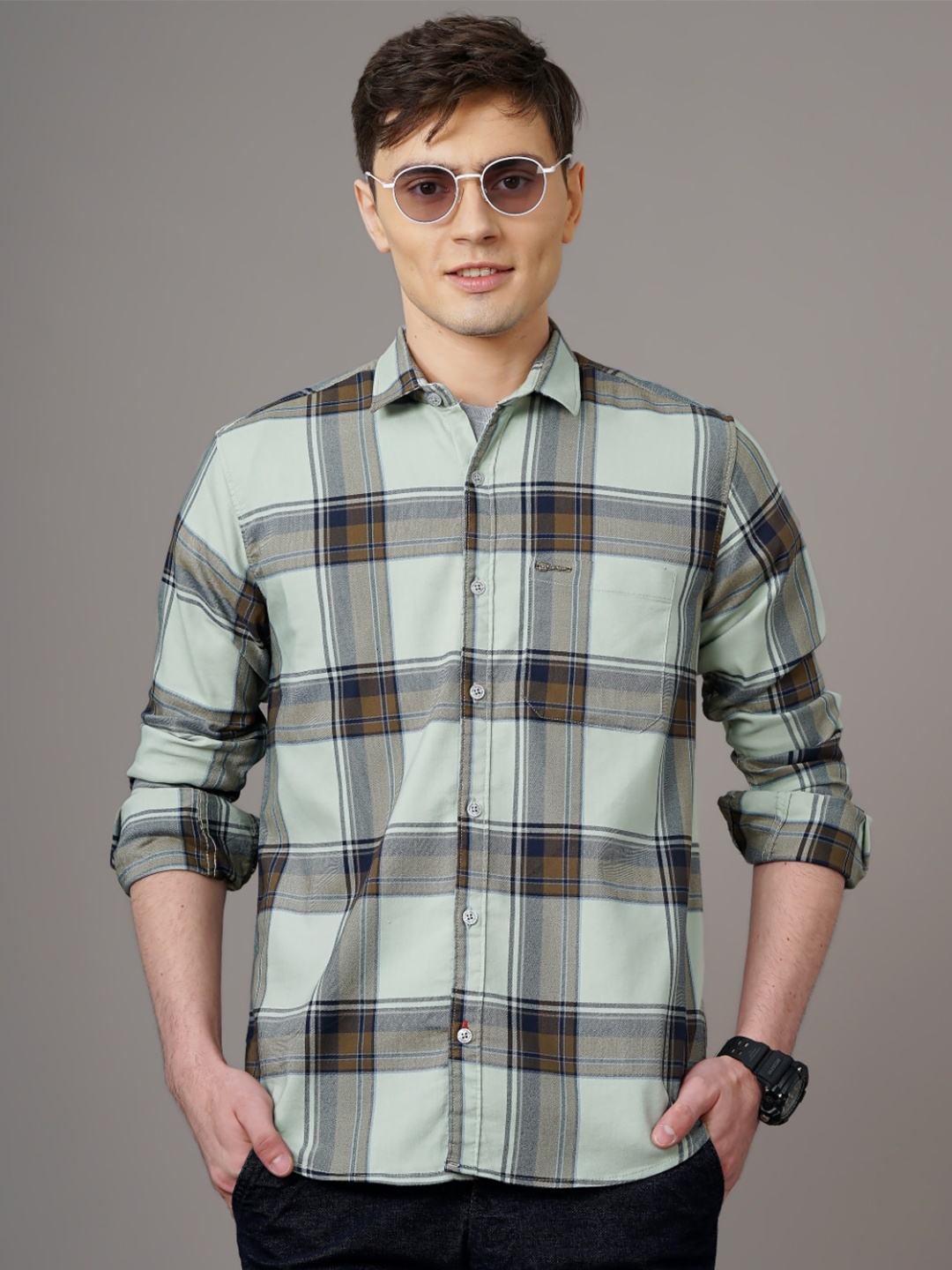 

PAUL STREET Standard Slim Fit Checked Casual Shirt, Green