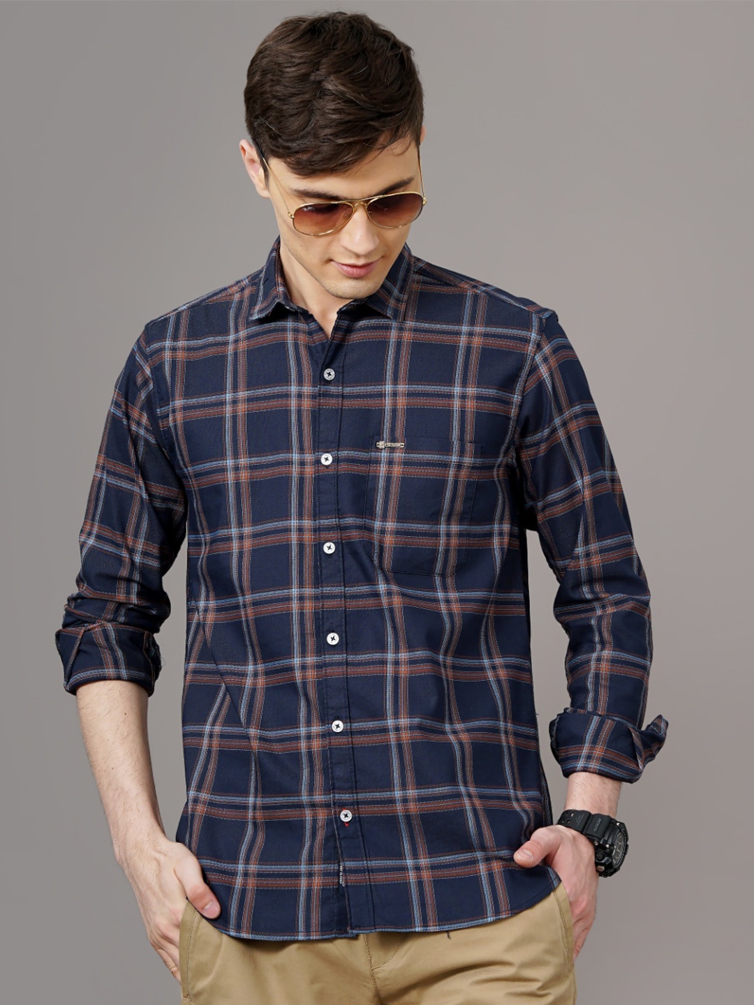 

PAUL STREET Standard Slim Fit Tartan Checks Casual Shirt, Navy blue