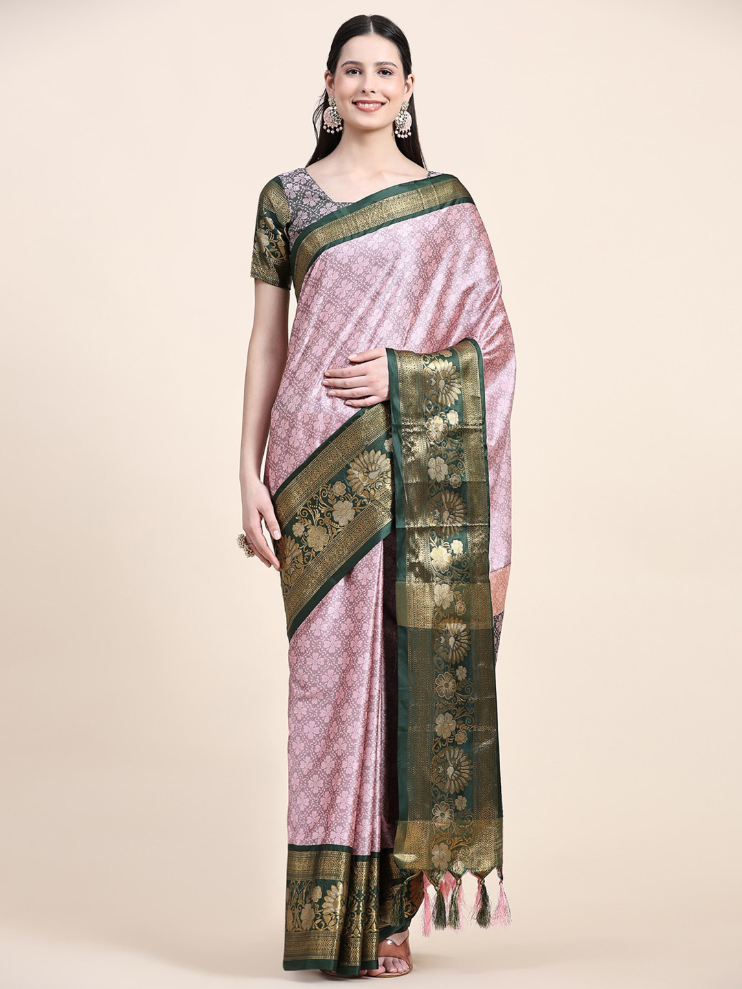 

KALINI Ethnic Motifs Woven Design Zari Detailed Silk Cotton Saree, Pink