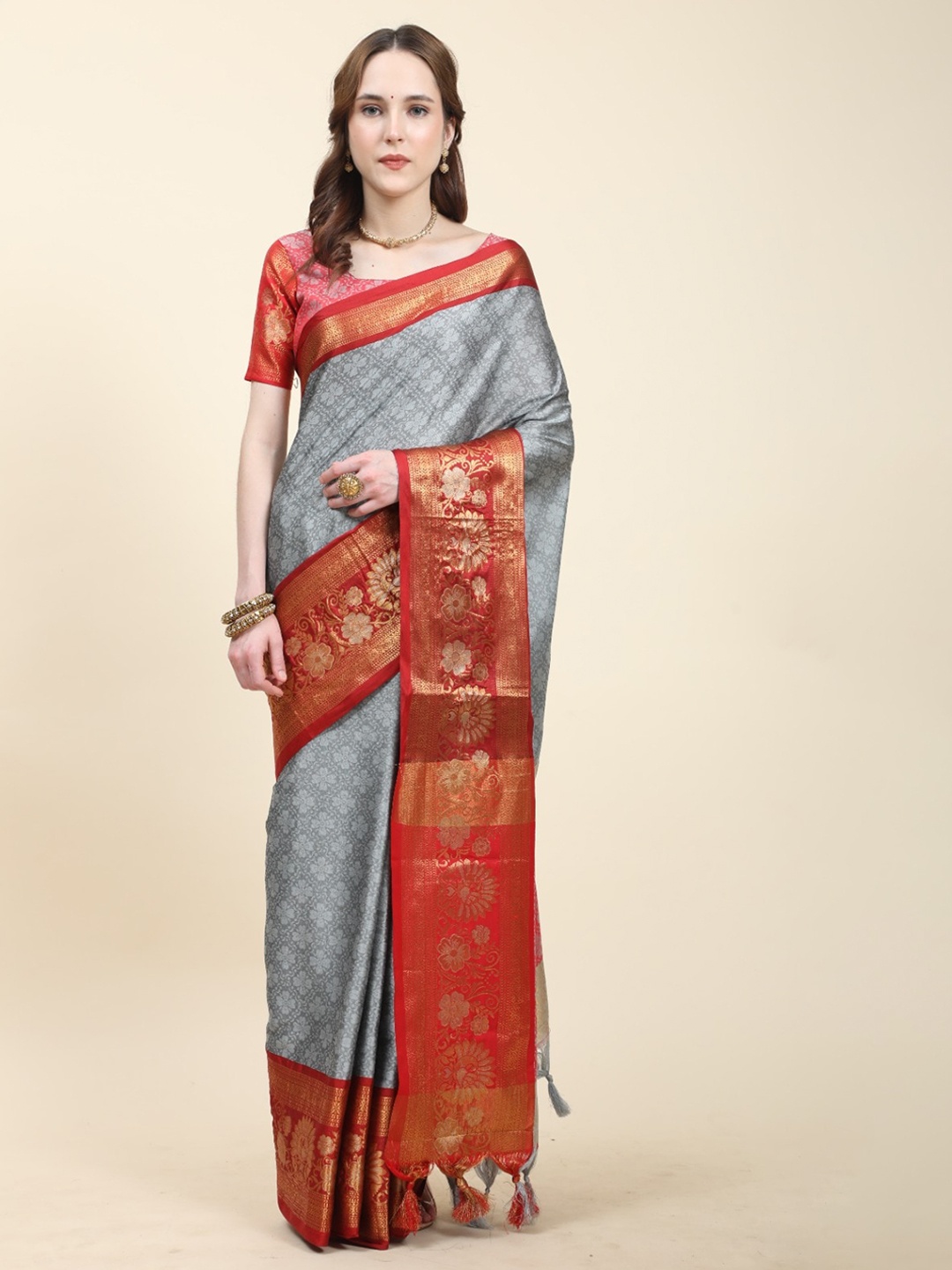 

KALINI Ethnic Motifs Woven Design Zari Detailed Silk Cotton Saree, Grey