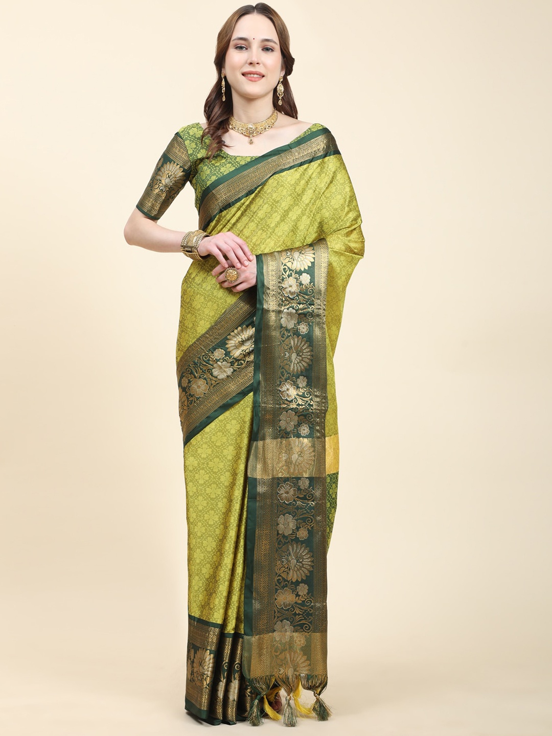 

KALINI Ethnic Motifs Woven Design Zari Detailed Silk Cotton Saree, Green