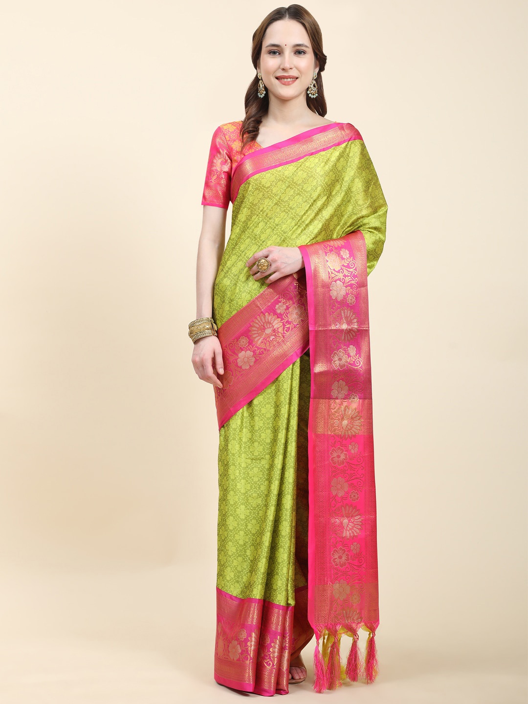 

KALINI Ethnic Motifs Woven Design Zari Detail Silk Cotton Saree, Green