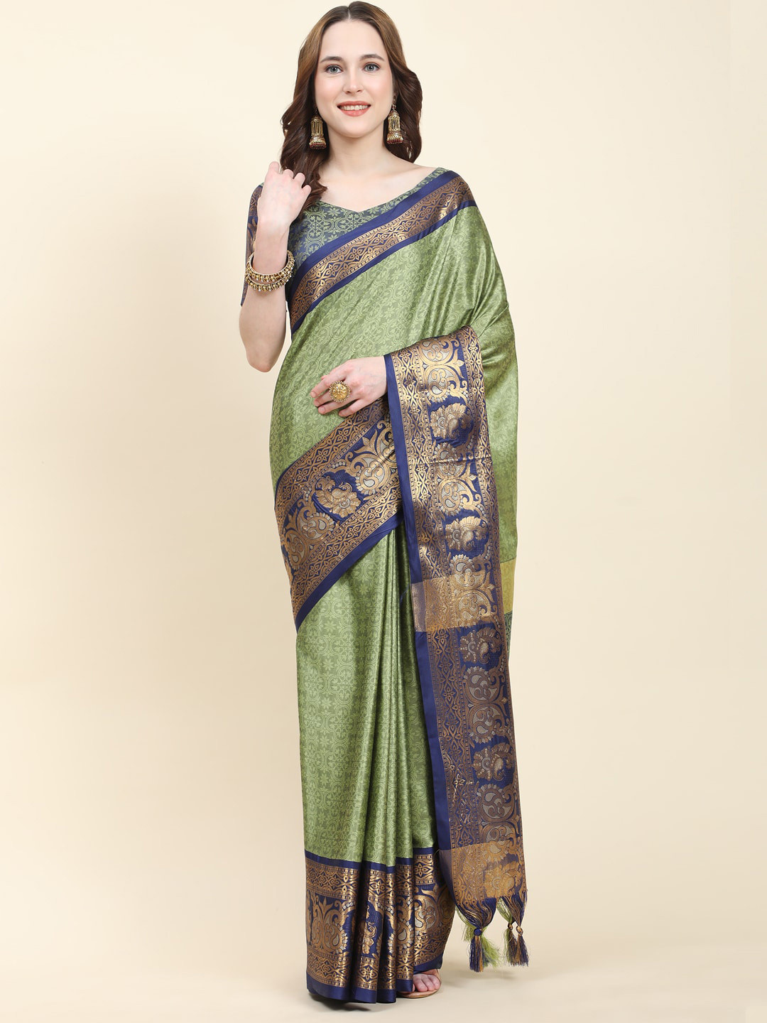 

KALINI Ethnic Motifs Woven Design Zari Detail Silk Cotton Saree, Olive