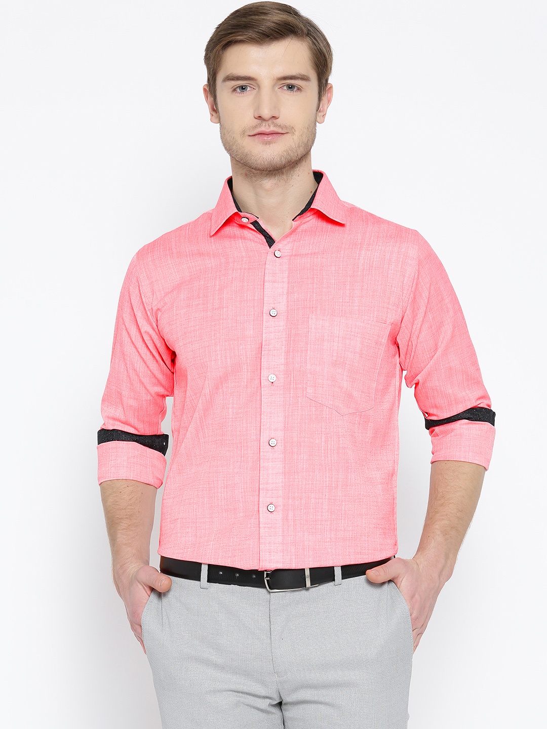 

Shaftesbury London Men Coral Red Smart Slim Fit Solid Semiformal Shirt