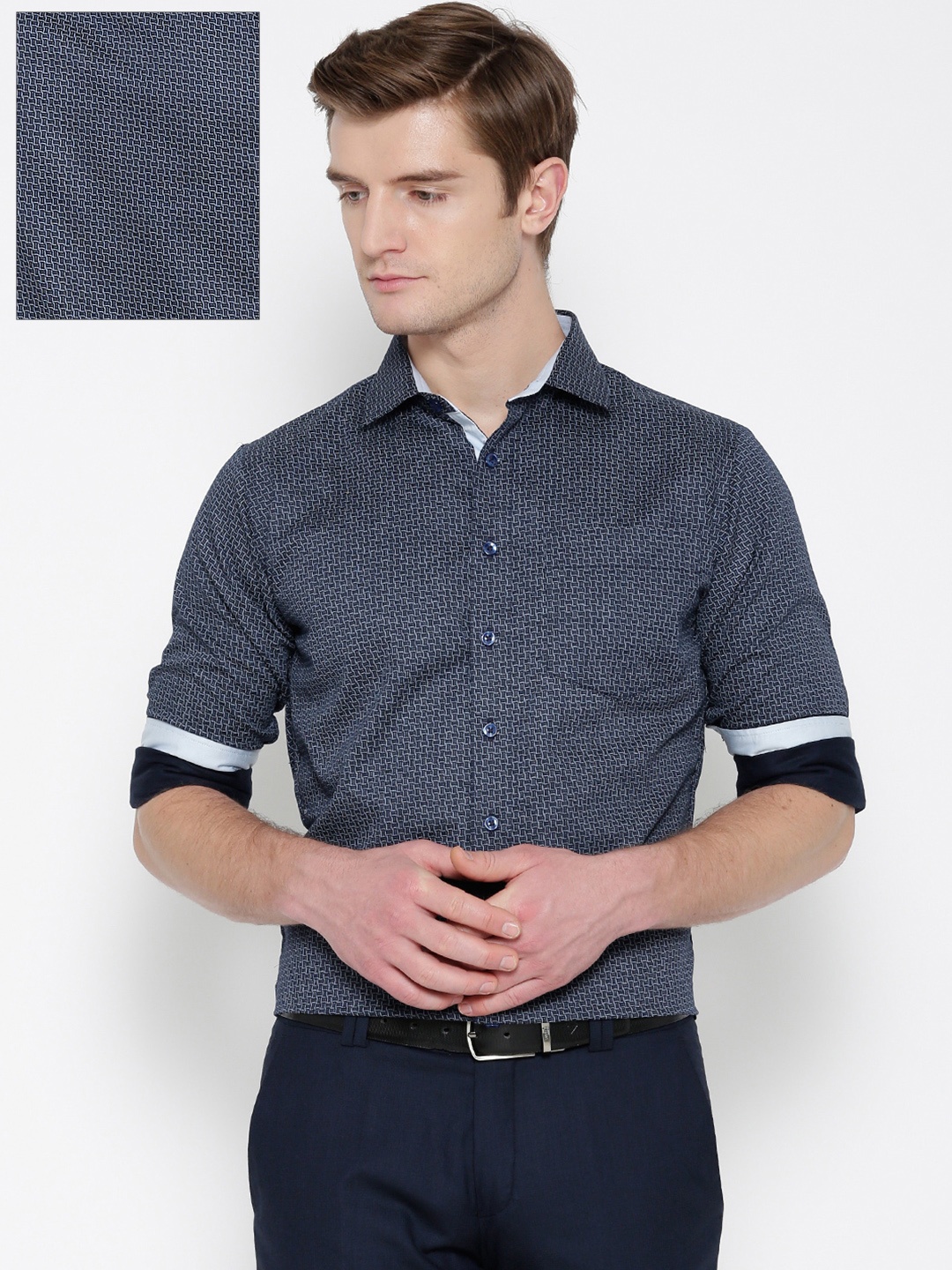 

Shaftesbury London Men Navy Smart Slim Fit Printed Formal Shirt, Navy blue