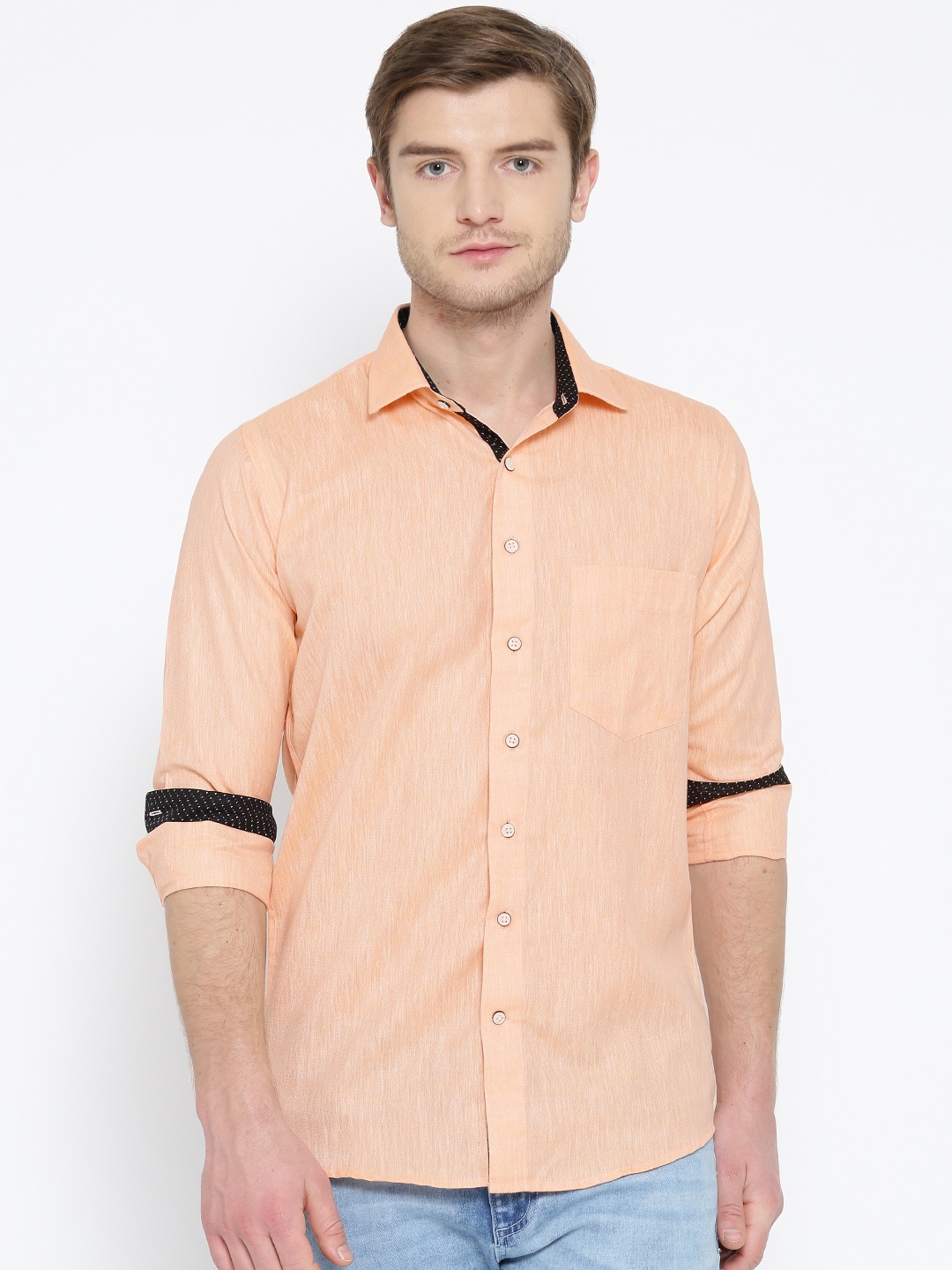 

Shaftesbury London Men Peach-Coloured Slim Fit Solid Casual Shirt