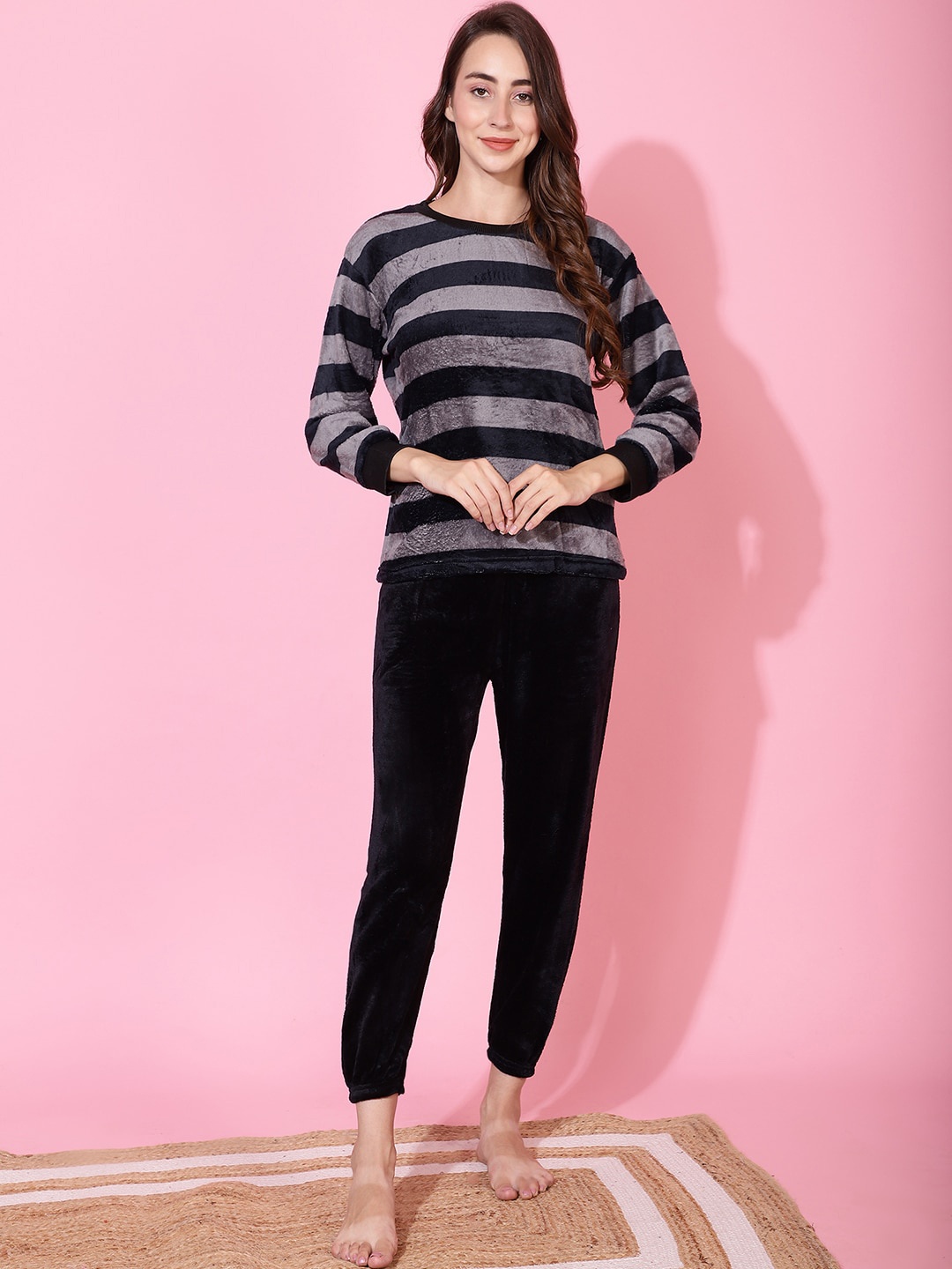 

TAG 7 Striped T-shirt & Solid Woolen Fur Pyjama Set, Black