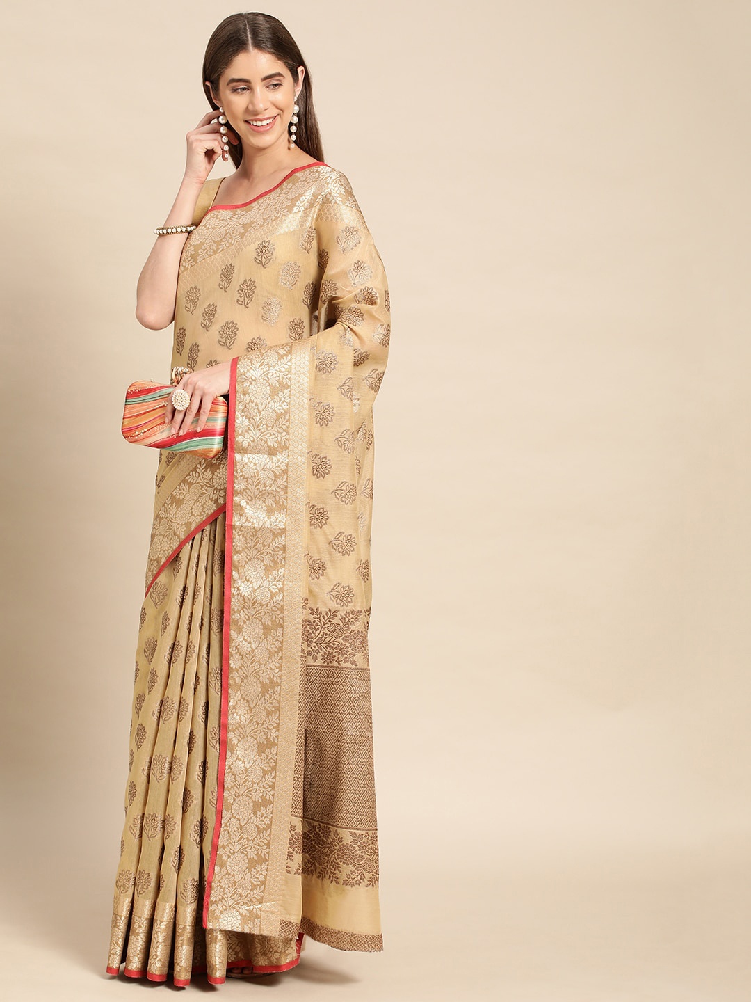 

Mitera Ethnic Motifs Woven Design Zari Pure Cotton Saree, Cream