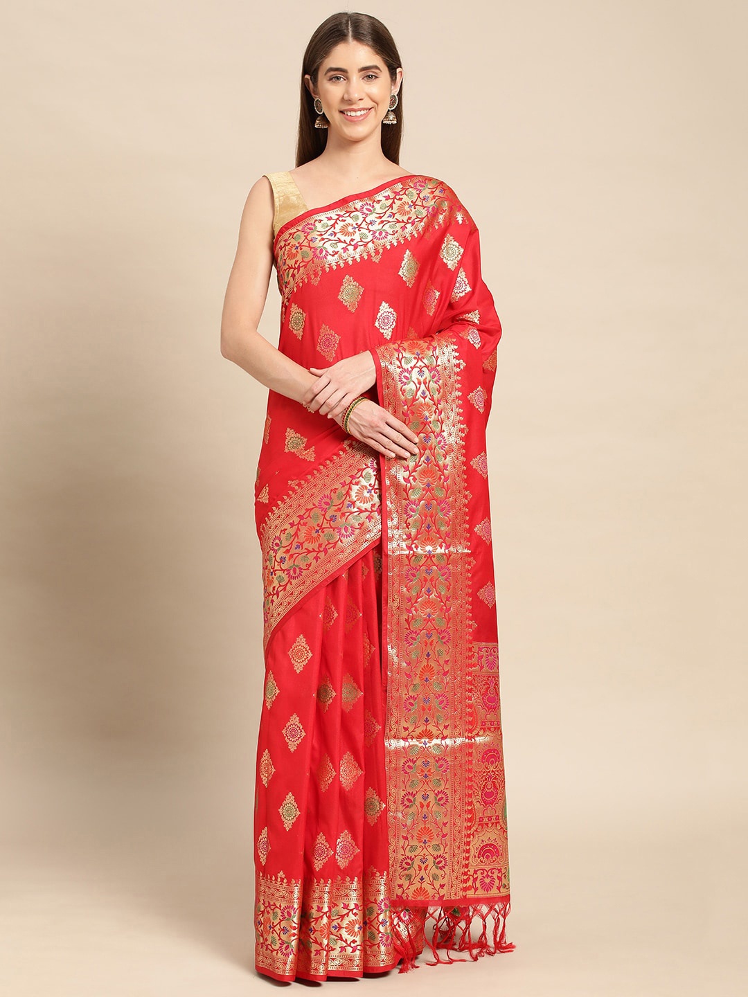

Mitera Ethnic Motifs Woven Design Zari Banarasi Saree, Red