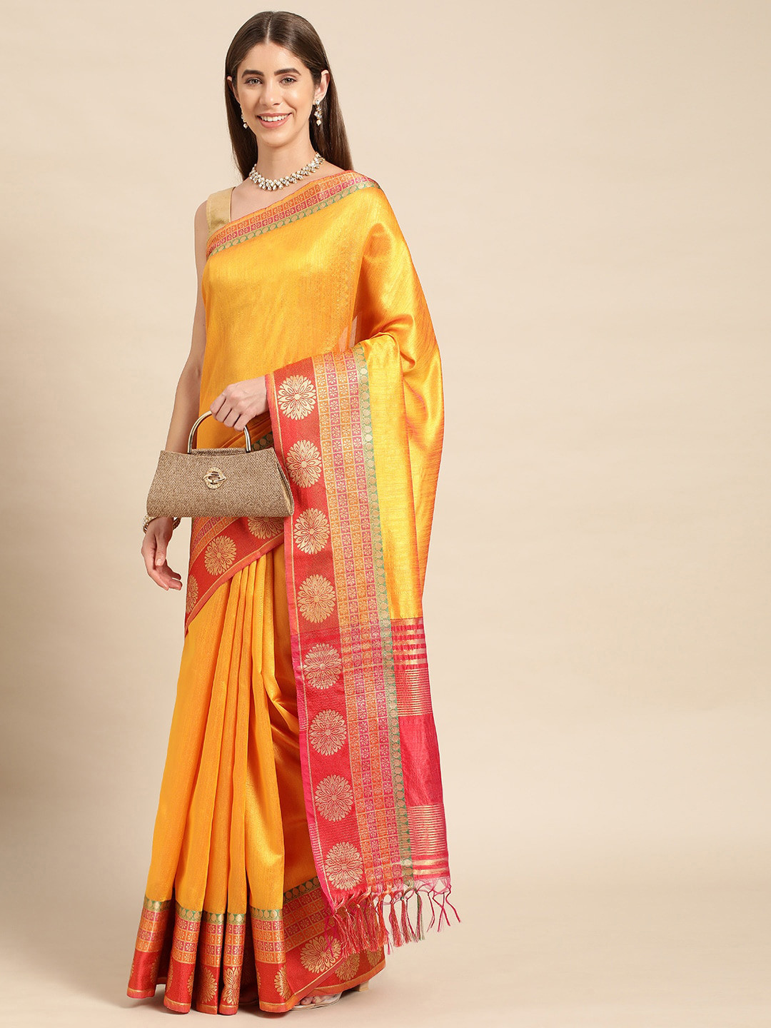 

Mitera Woven Design Zari Dharmavaram Saree, Yellow