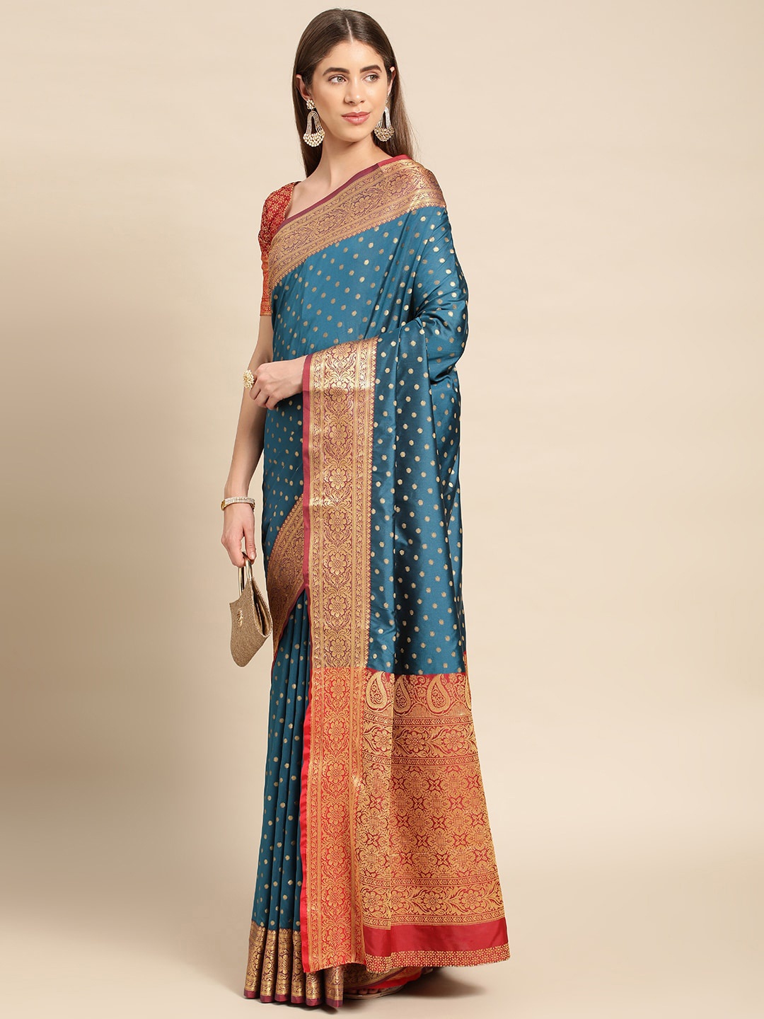 

Mitera Geometric Woven Design Zari Banarasi Saree, Turquoise blue