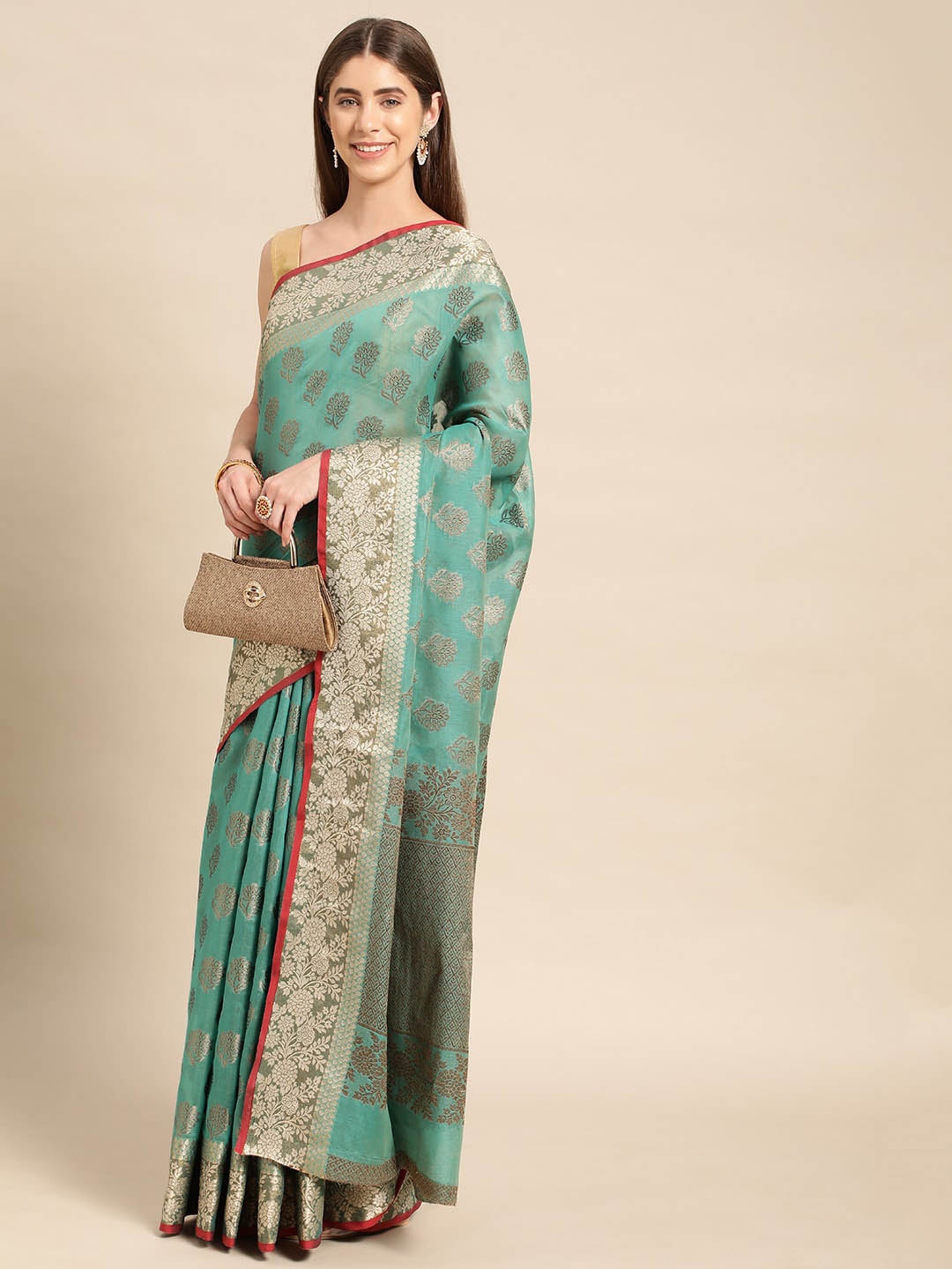 

Mitera Woven Design Zari Pure Cotton Chanderi Saree, Sea green